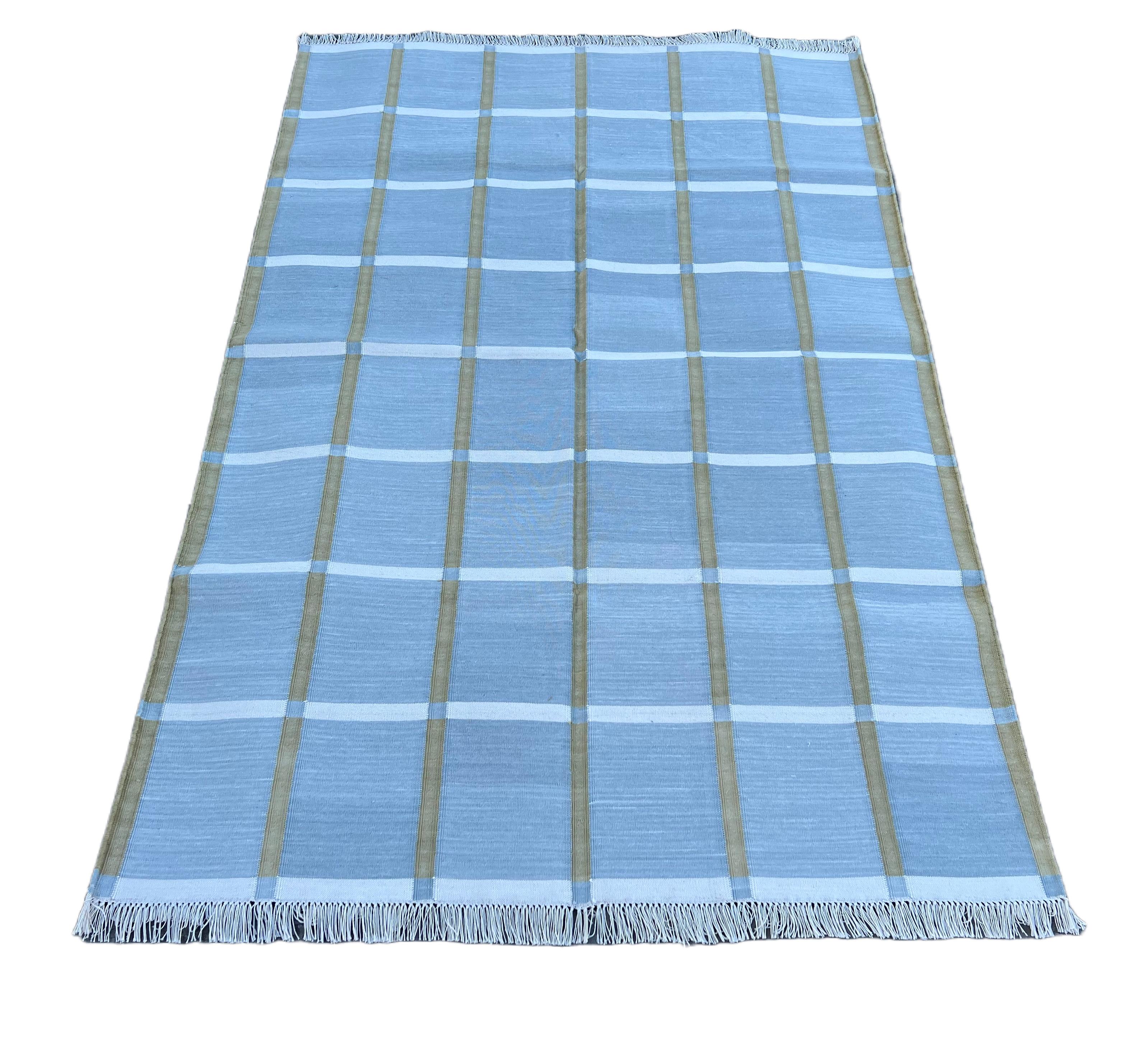 Tappeto fatto a mano in cotone a trama piatta, 4x6 grigio, verde a quadretti indiano Dhurrie In condizioni Nuovo in vendita a Jaipur, IN