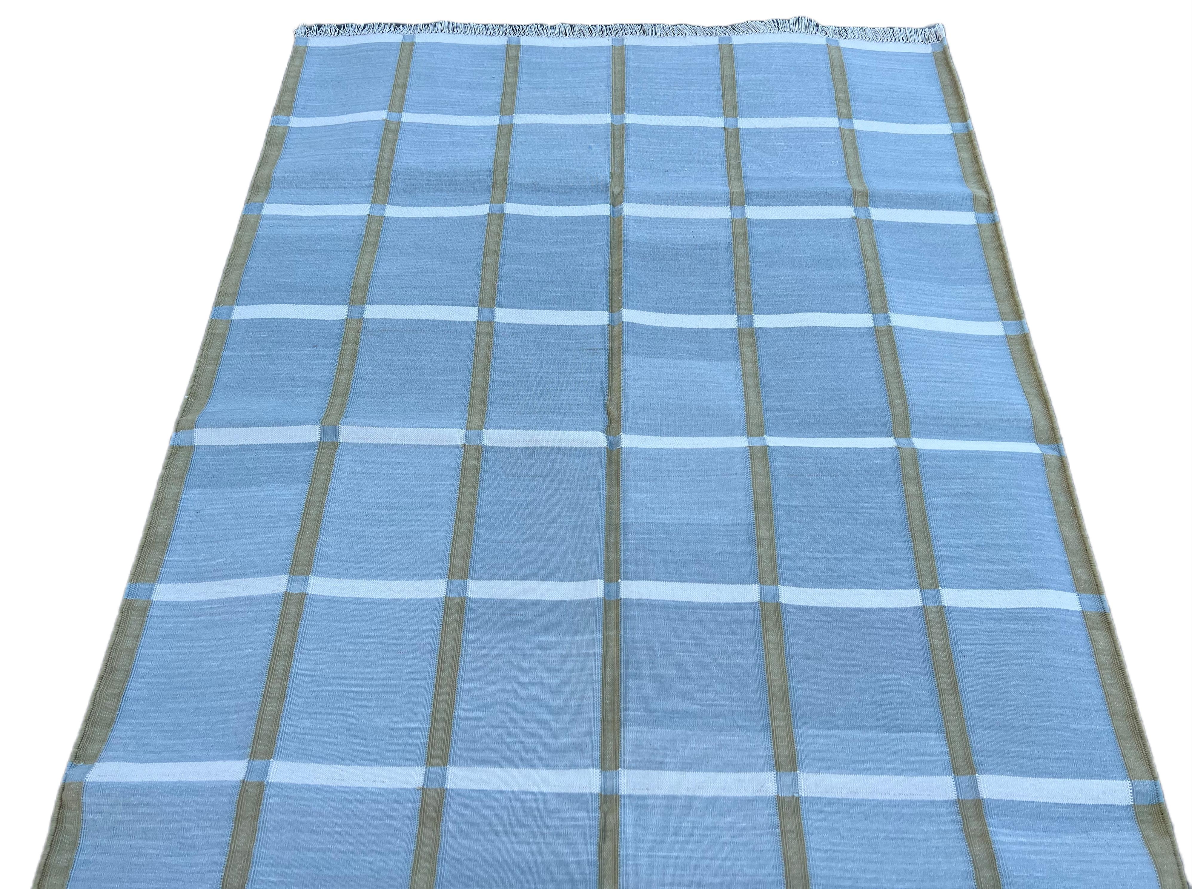 Handmade Cotton Flat Weave Rug, 4x6 Grey, Green Windowpane Check Indian Dhurrie For Sale 1