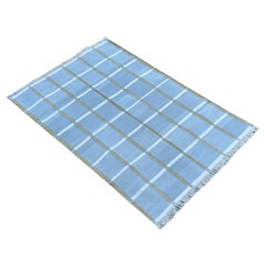 Handgefertigter Flachgewebe-Teppich aus Baumwolle, 4x6 Grau, Grün Windowpane Check Indischer Dhurrie