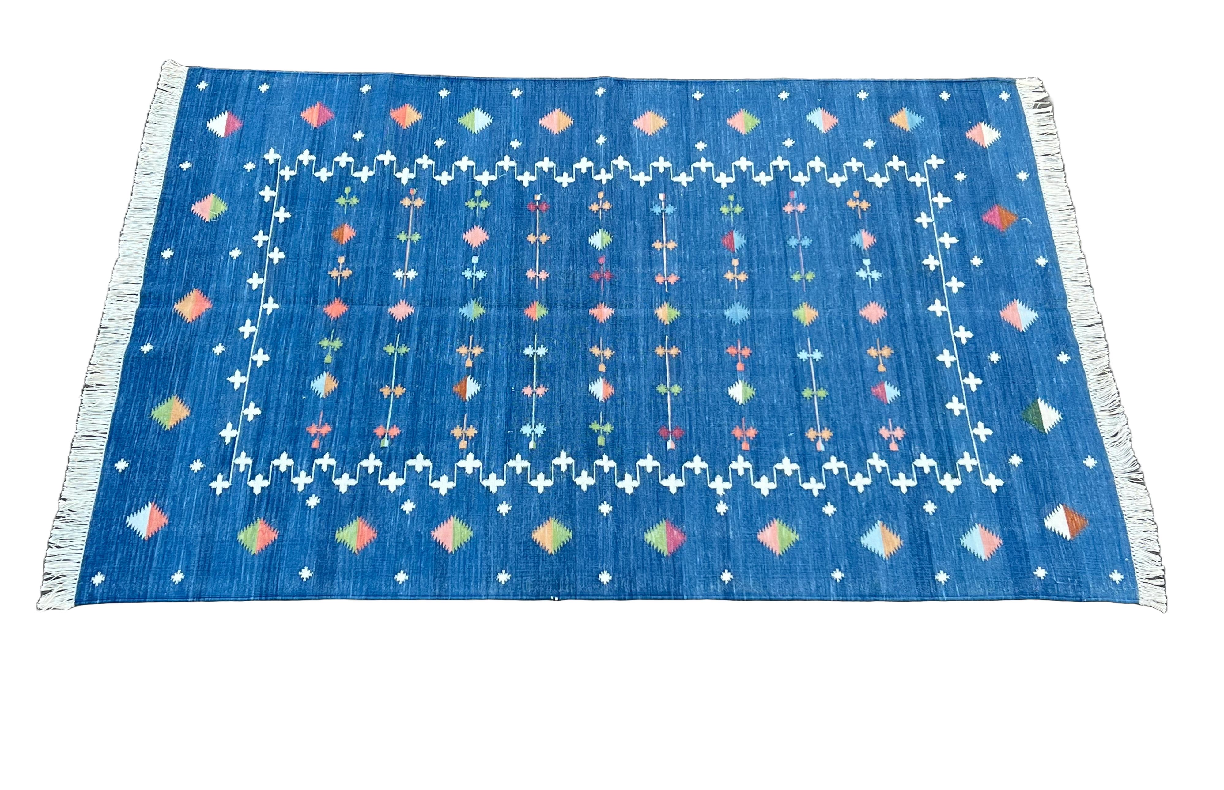 Handmade Cotton Flat Weave Rug, 4x6 Indigo Blue Shooting Star Indian Dhurrie Rug For Sale 4