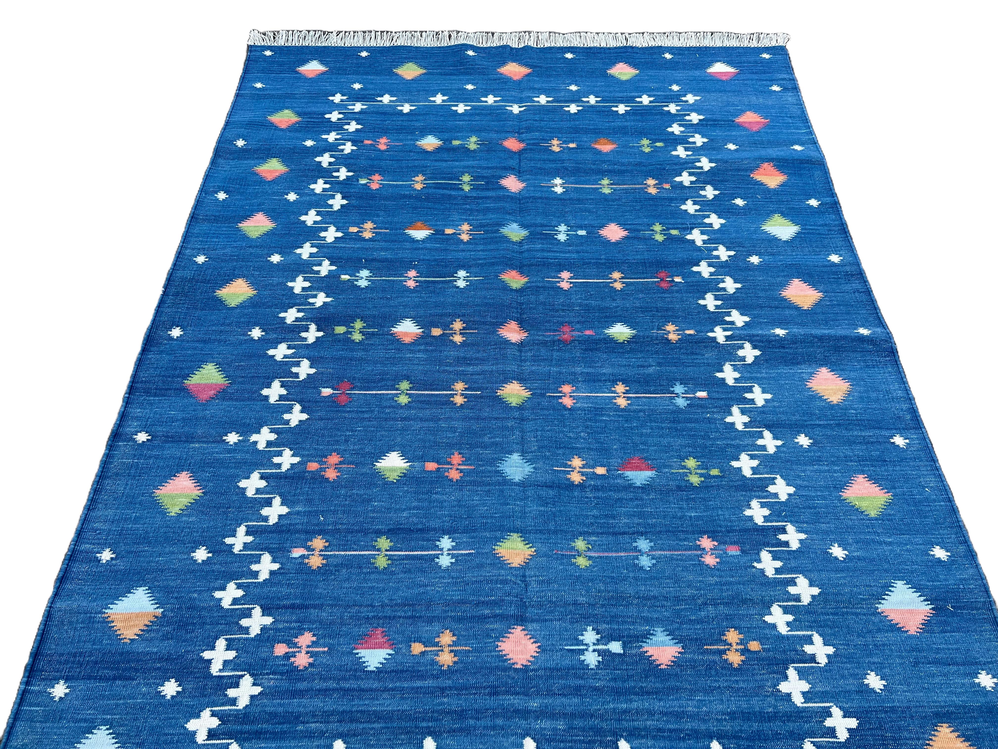 Contemporary Handmade Cotton Flat Weave Rug, 4x6 Indigo Blue Shooting Star Indian Dhurrie Rug For Sale