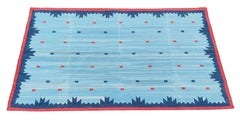 Handmade Cotton Flat Weave Rug, 5x8 Blue Red Geometric Diamond Indian Dhurrie