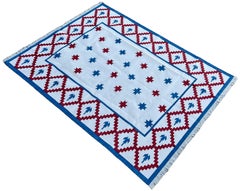 Handmade Cotton Flat Weave Rug, 6x9 Cream And Red Indian Star Geometric Dhurrie