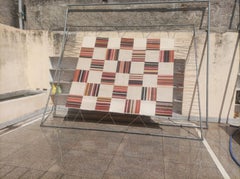 Handmade Cotton Flat Weave Rug, 7'6"x8'9" Cream, Red Tile Pattern Indian Dhurrie
