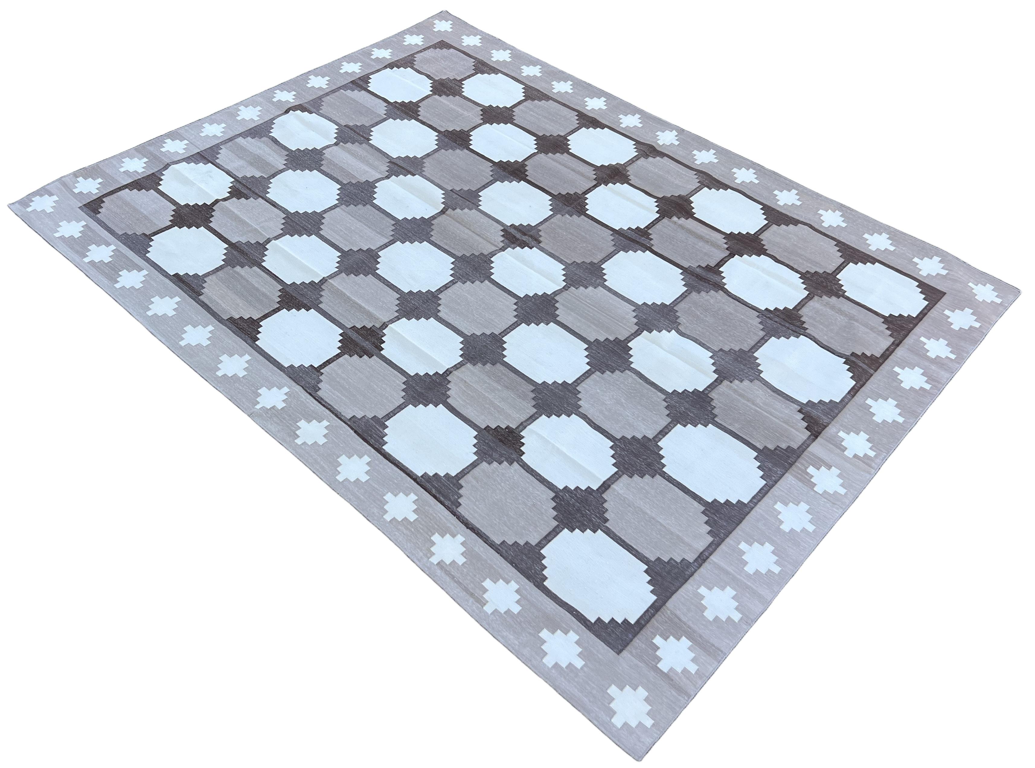 Cotton Natural Vegetable Dyed Beige, Brown And Cream Tile Patterned Swedish Indian Dhurrie - 8'x10' (240x300cm).

These special flat-weave dhurries are hand-woven with 15 ply 100% cotton yarn. Due to the special manufacturing techniques used to