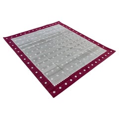 Handmade Cotton Flat Weave Rug, 8x10 Beige, Pink Indian Diamond Pattern Dhurrie