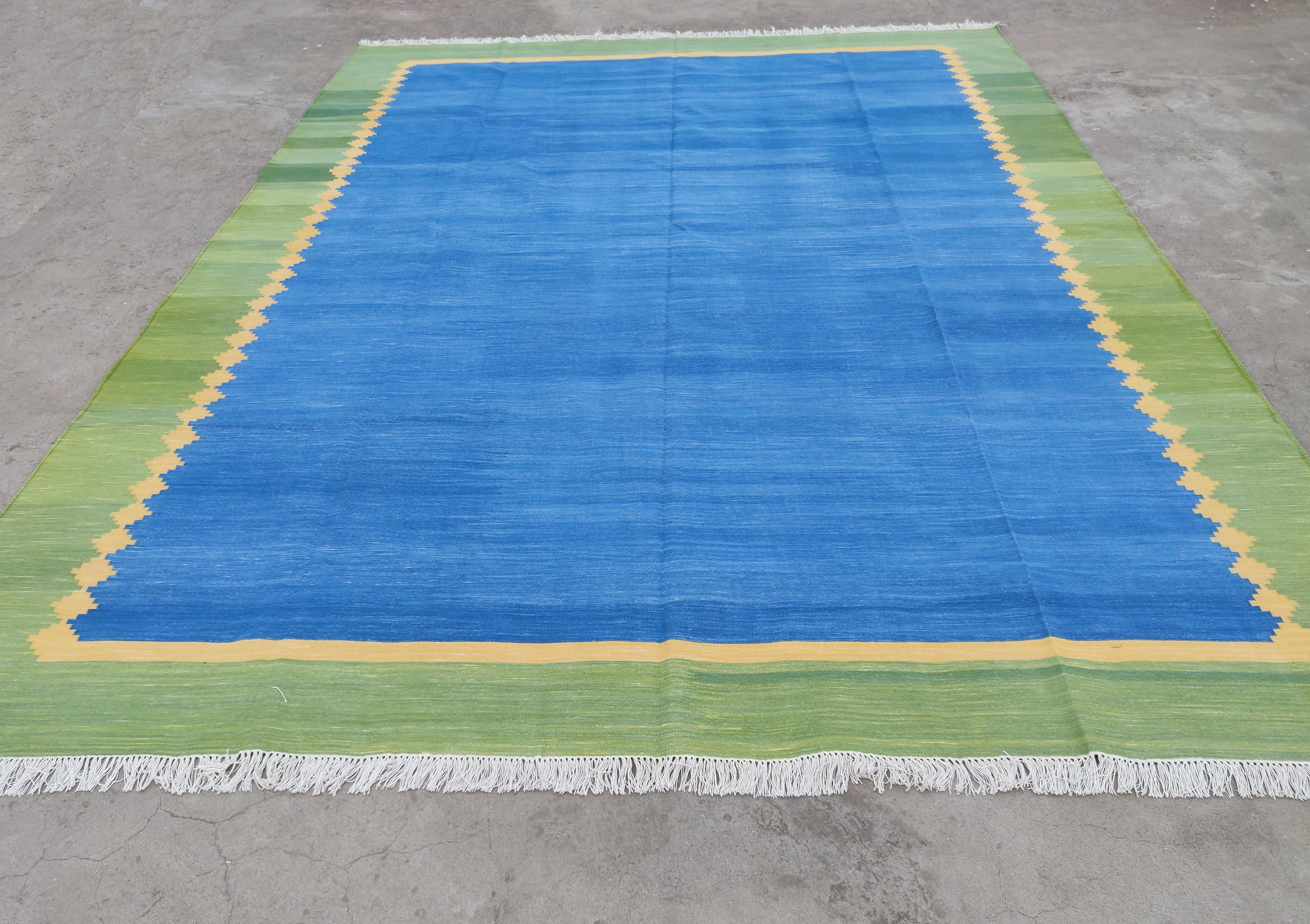 Mid-Century Modern Handmade Cotton Flat Weave Rug, 8x10 Blue And Green Bordered Star Indian Dhurrie For Sale