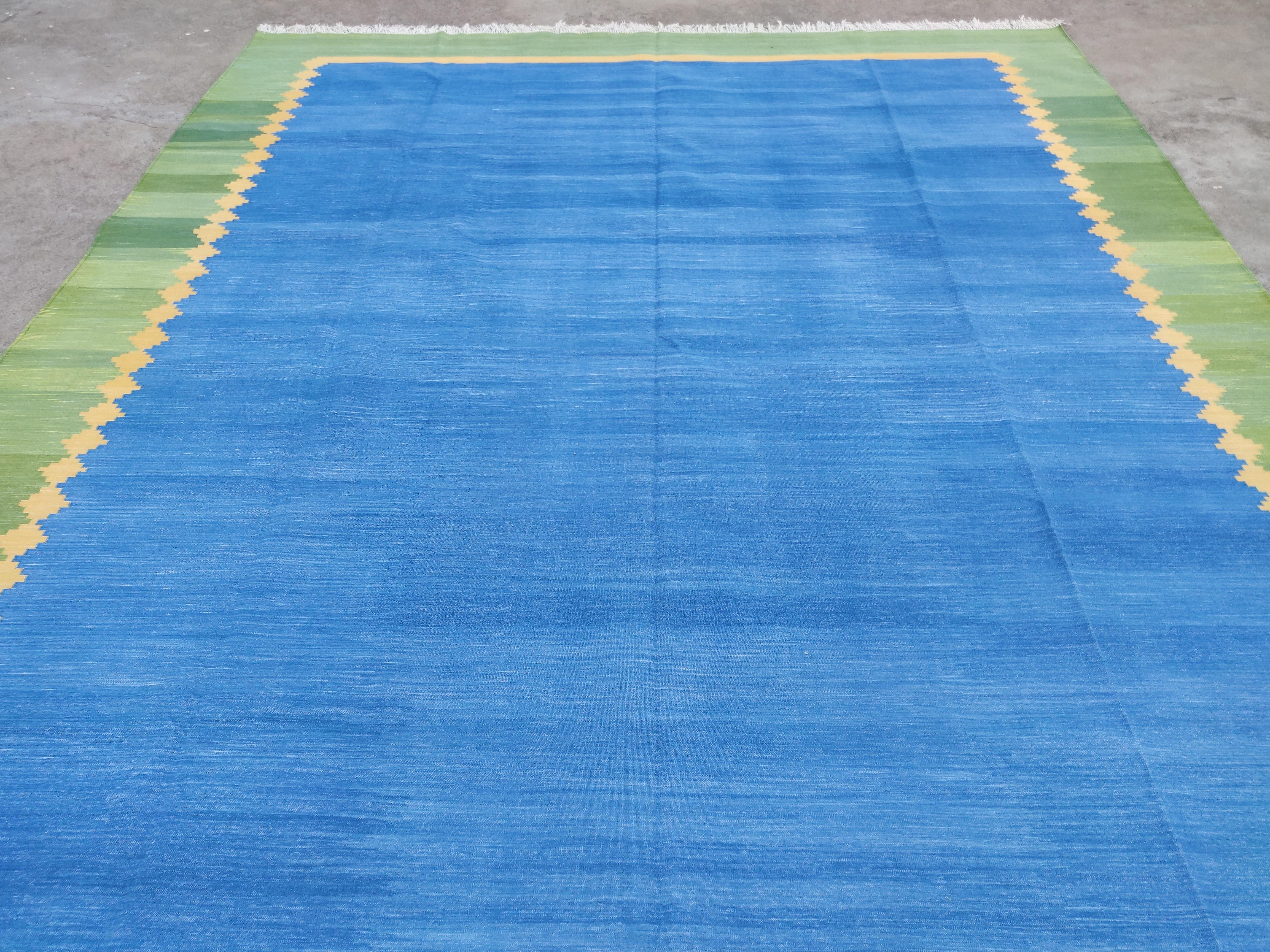 Hand-Woven Handmade Cotton Flat Weave Rug, 8x10 Blue And Green Bordered Star Indian Dhurrie For Sale