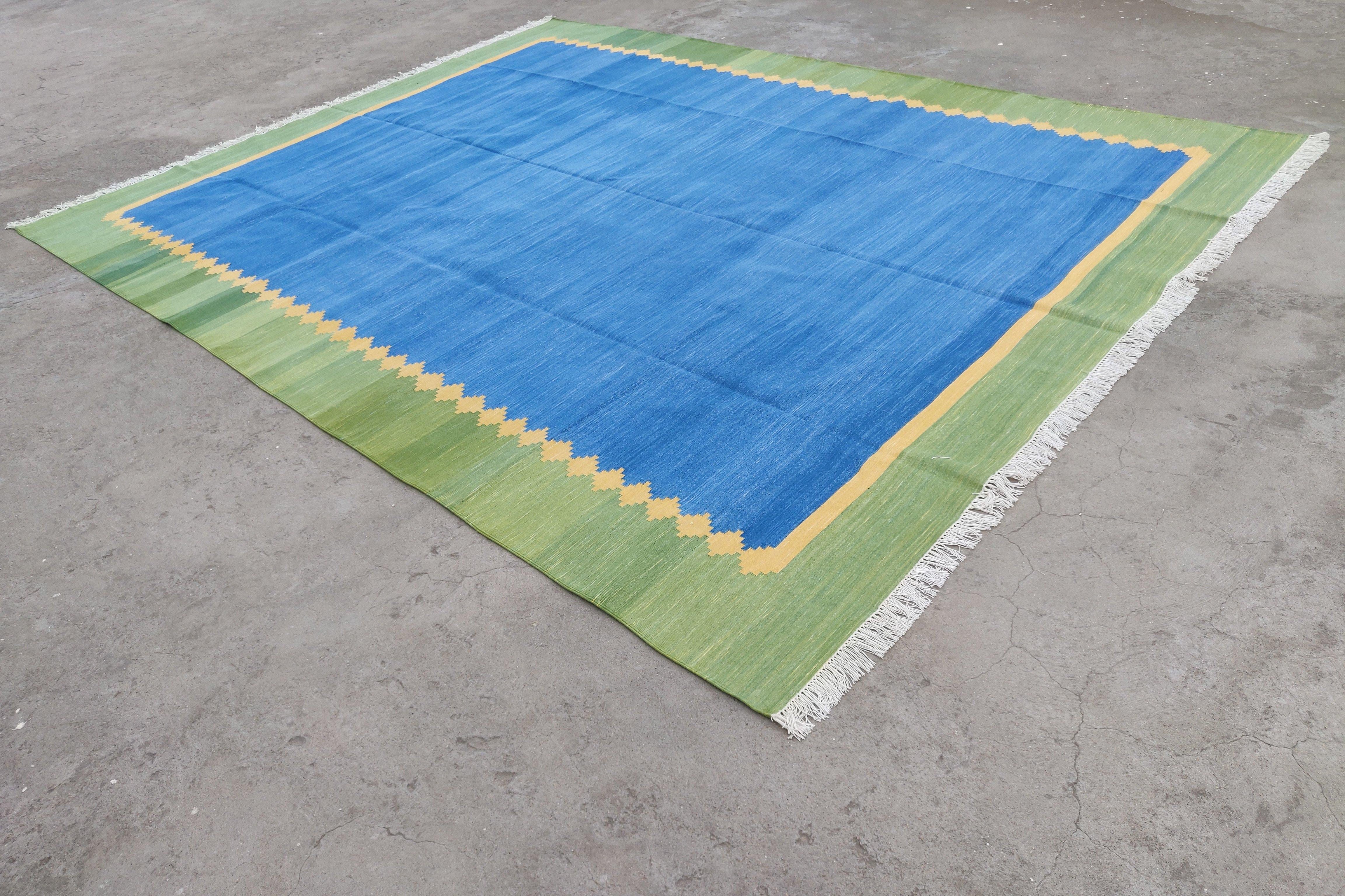 Contemporary Handmade Cotton Flat Weave Rug, 8x10 Blue And Green Bordered Star Indian Dhurrie For Sale