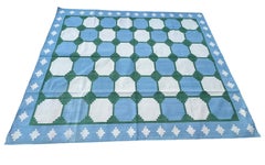 Handmade Cotton Flat Weave Rug, 8x10 Blue And Green Swedish Tile Indian Dhurrie