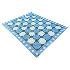 Handmade Cotton Flat Weave Rug, 8x10 Blue And Green Swedish Tile Indian Dhurrie