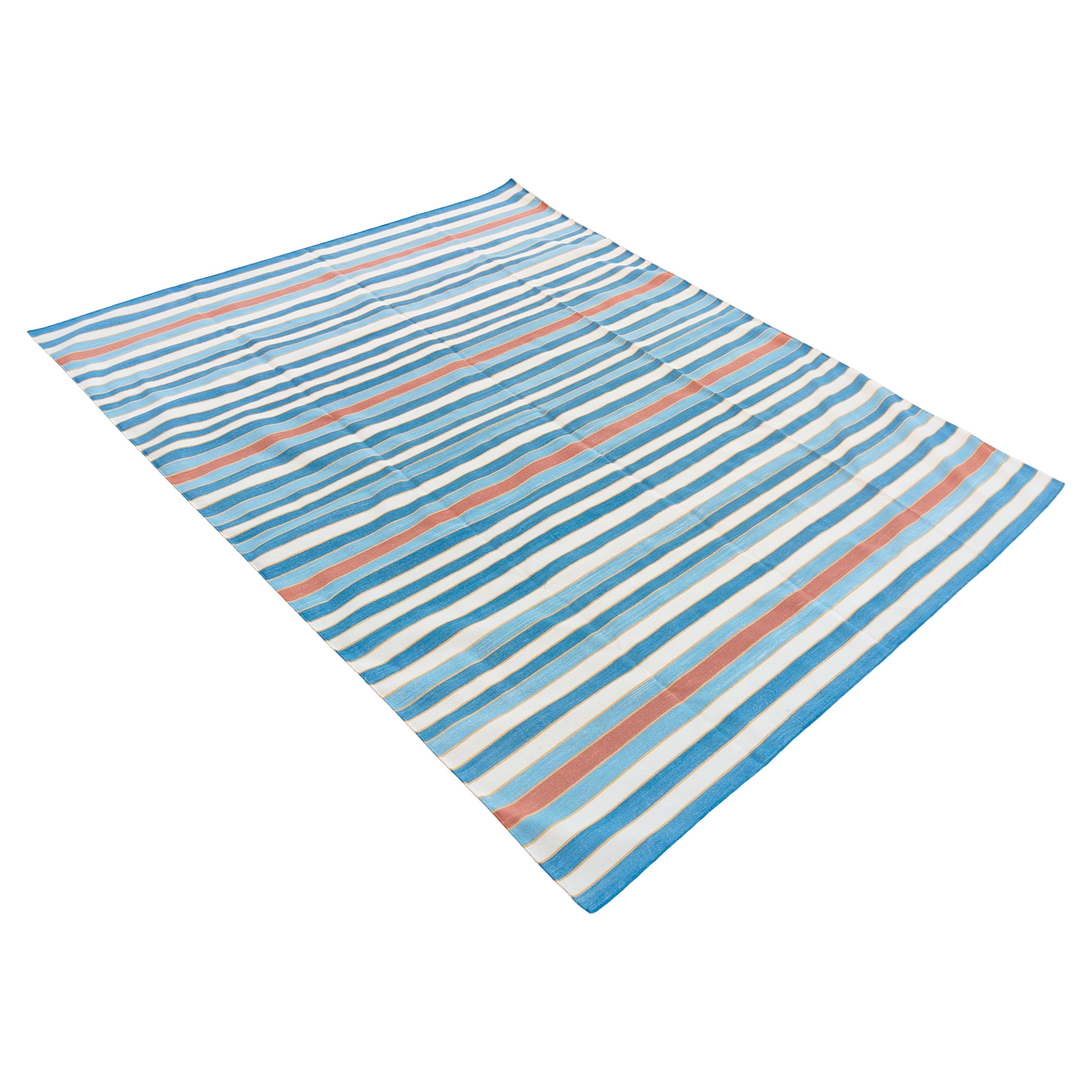 Handmade Cotton Flat Weave Rug, 8x10 Blue, Red And Yellow Striped Indian Dhurrie