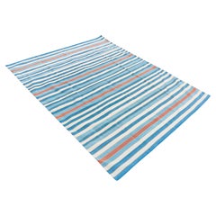 Handmade Cotton Flat Weave Rug, 8x10 Blue, Red And Yellow Striped Indian Dhurrie