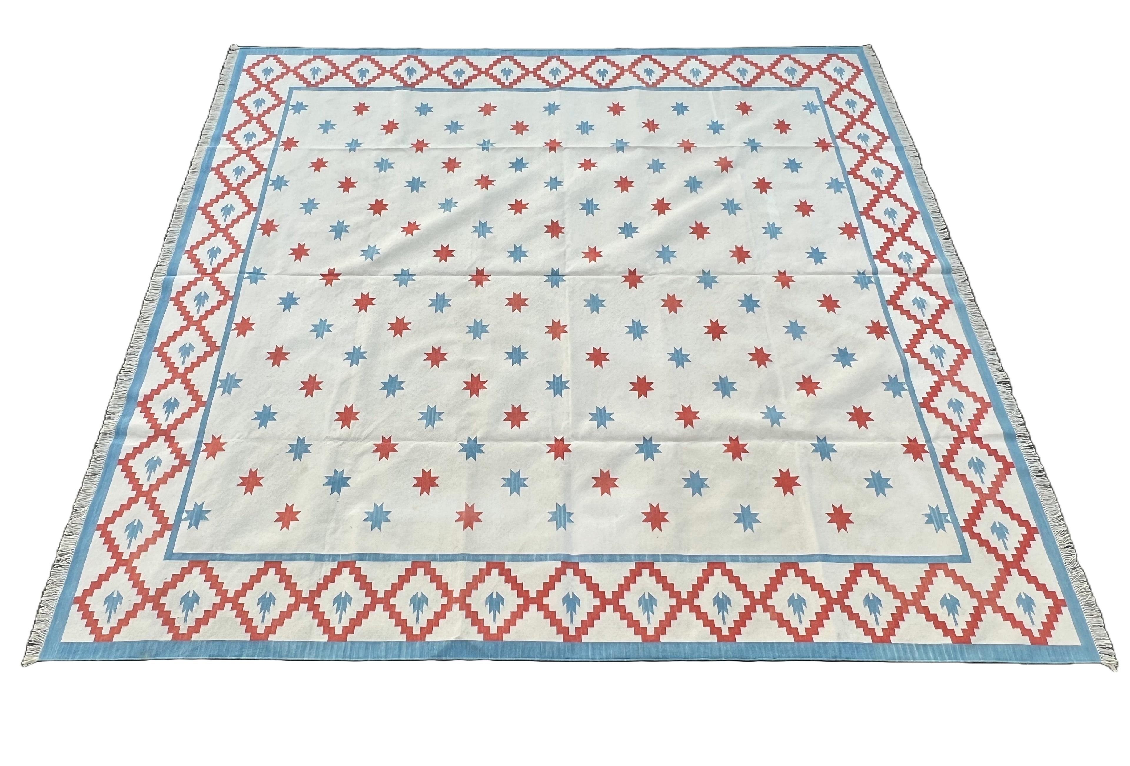 Handgefertigter Flachgewebe-Teppich aus Baumwolle, 8x10 Creme und Rot Indischer Stern Geometrischer Dhurrie im Angebot 5