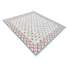 Handgefertigter Flachgewebe-Teppich aus Baumwolle, 8x10 Creme und Rot Indischer Stern Geometrischer Dhurrie