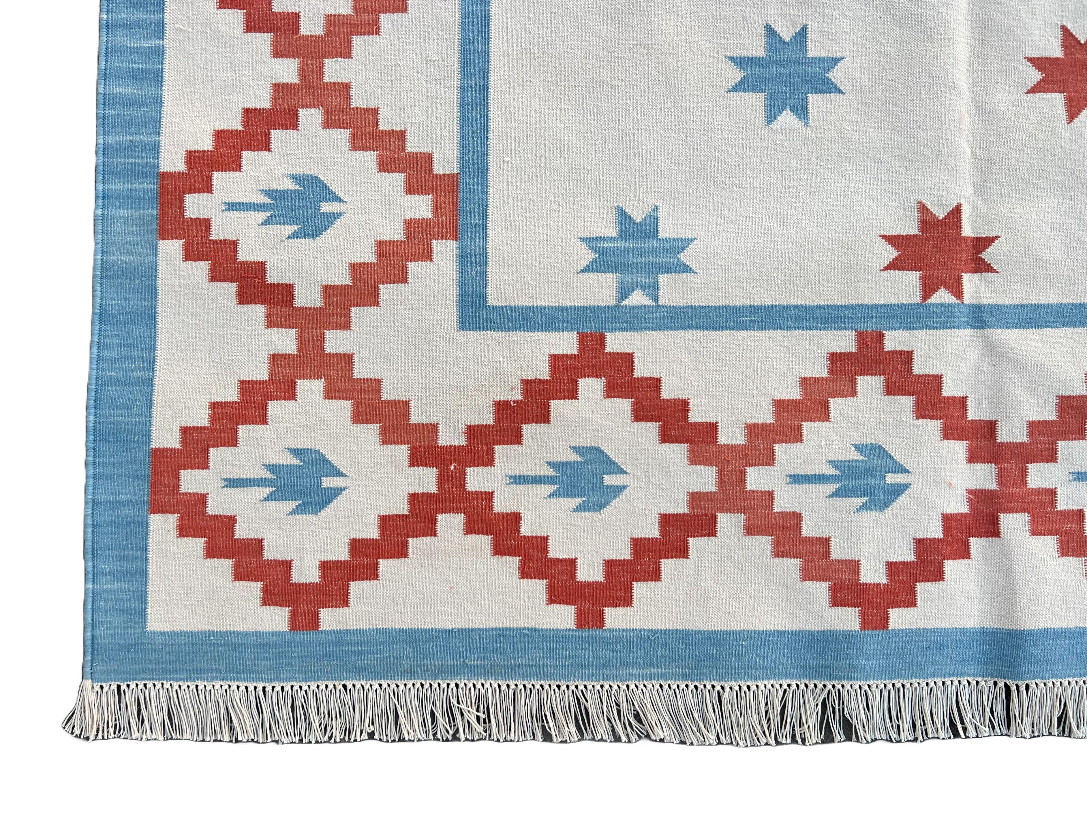 Handgefertigter Flachgewebe-Teppich aus Baumwolle, 8x10 Creme und Rot Indischer Stern Geometrischer Dhurrie im Angebot 2