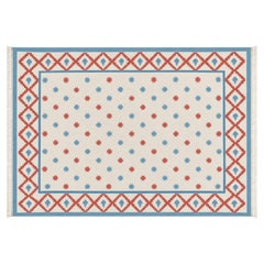 Handgefertigter Flachgewebe-Teppich aus Baumwolle, 8x10 Creme und Rot Indischer Stern Geometrischer Dhurrie