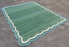 Handmade Cotton Flat Weave Rug, 8x10 Green And Blue Scalloped Indian Dhurrie Rug