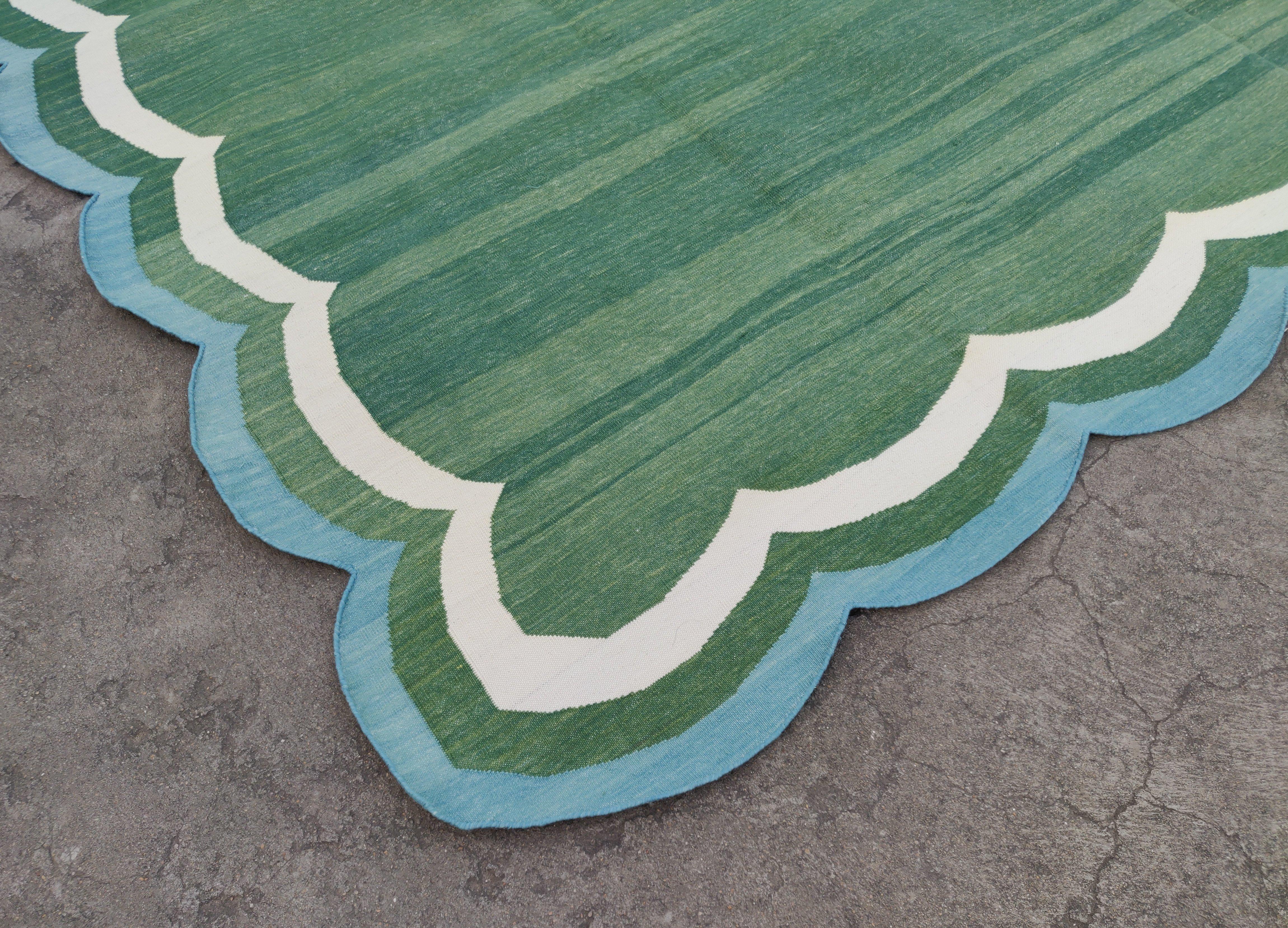 Mid-Century Modern Handmade Cotton Flat Weave Rug, 8x10 Green And Blue Scalloped Indian Dhurrie Rug For Sale