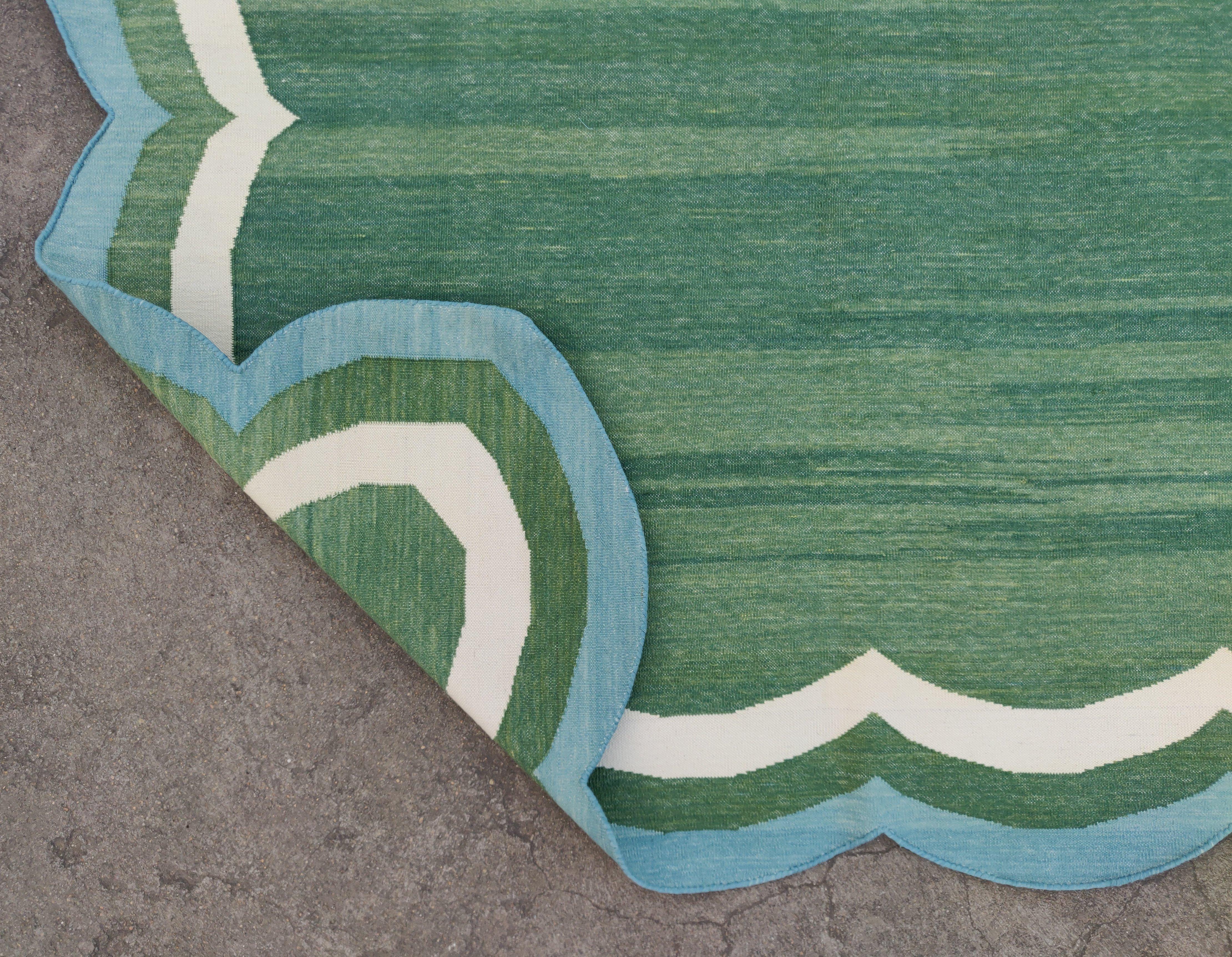 Handmade Cotton Flat Weave Rug, 8x10 Green And Blue Scalloped Indian Dhurrie Rug For Sale 3