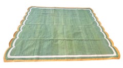 Handmade Cotton Flat Weave Rug, 8x10 Green, Mustard Scalloped Indian Dhurrie Rug