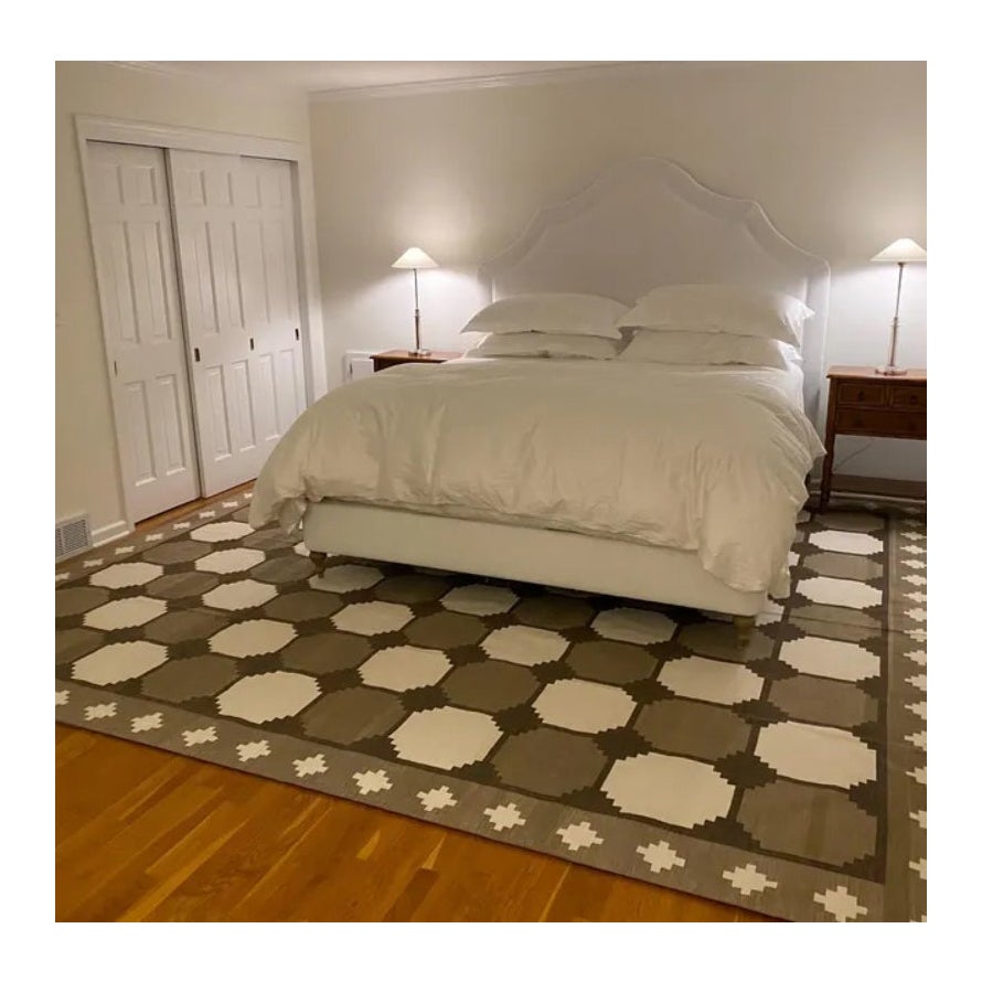 Alfombra de Algodón de Tejido Plano, 9x12 Beige y Marrón Azulejo Sueco Dhurrie Indio en venta