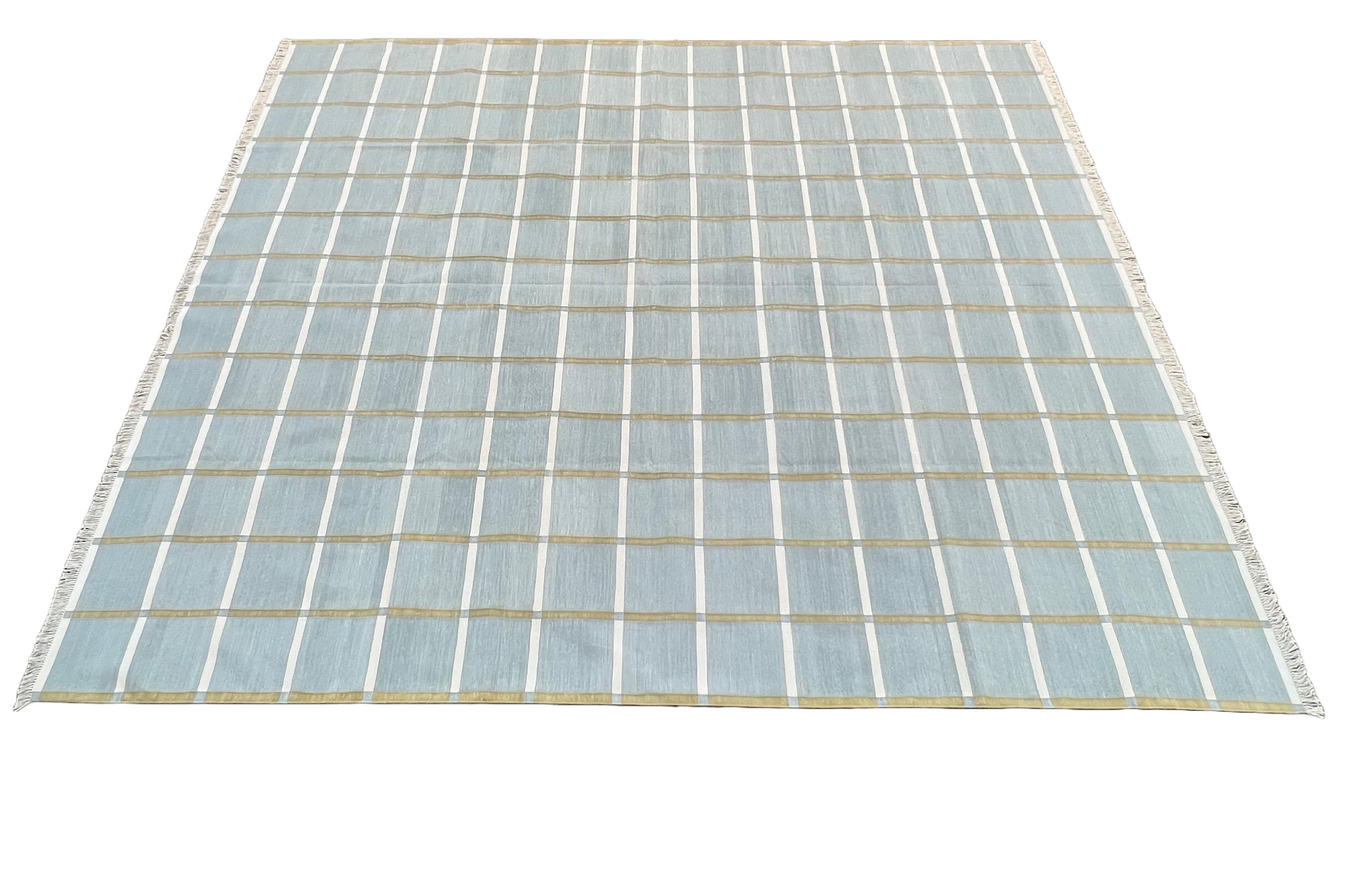 Mid-Century Modern Handmade Cotton Flat Weave Rug, 9x12 Grey, Green Windowpane Checked Indian Rug For Sale