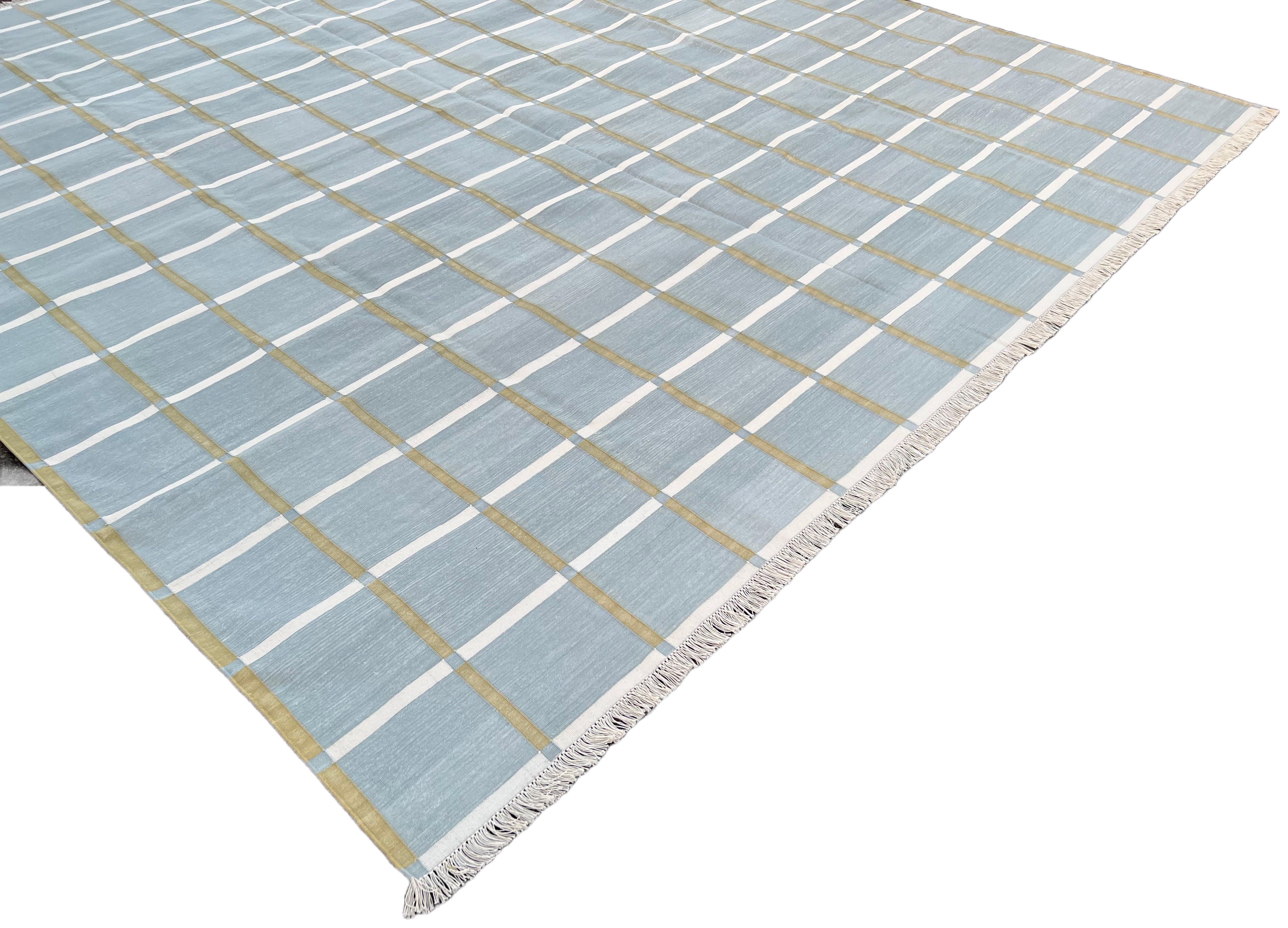 Contemporary Handmade Cotton Flat Weave Rug, 9x12 Grey, Green Windowpane Checked Indian Rug For Sale