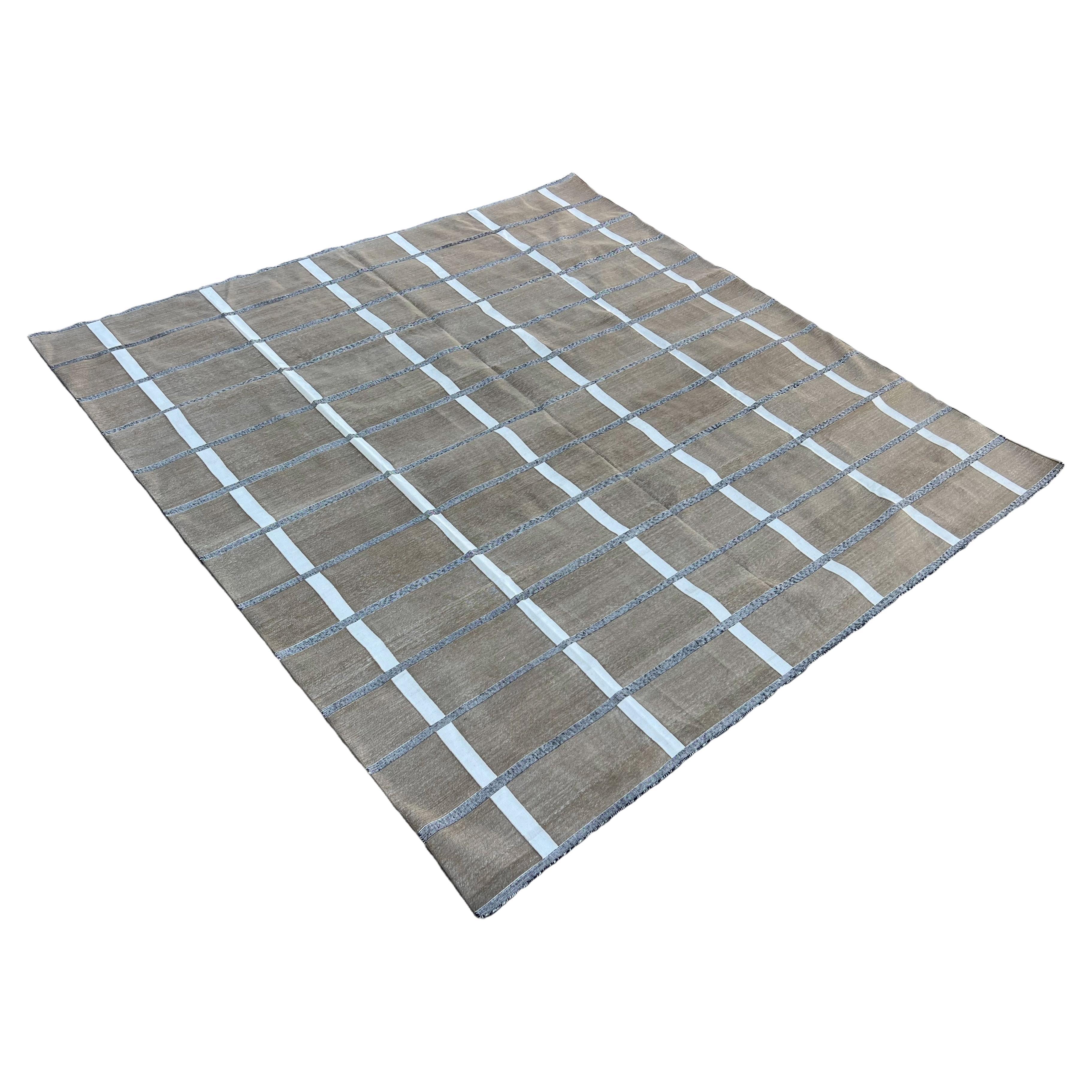 Tappeto fatto a mano in cotone a trama piatta, 9x9 Tappeto indiano Dhurrie a quadretti beige e crema