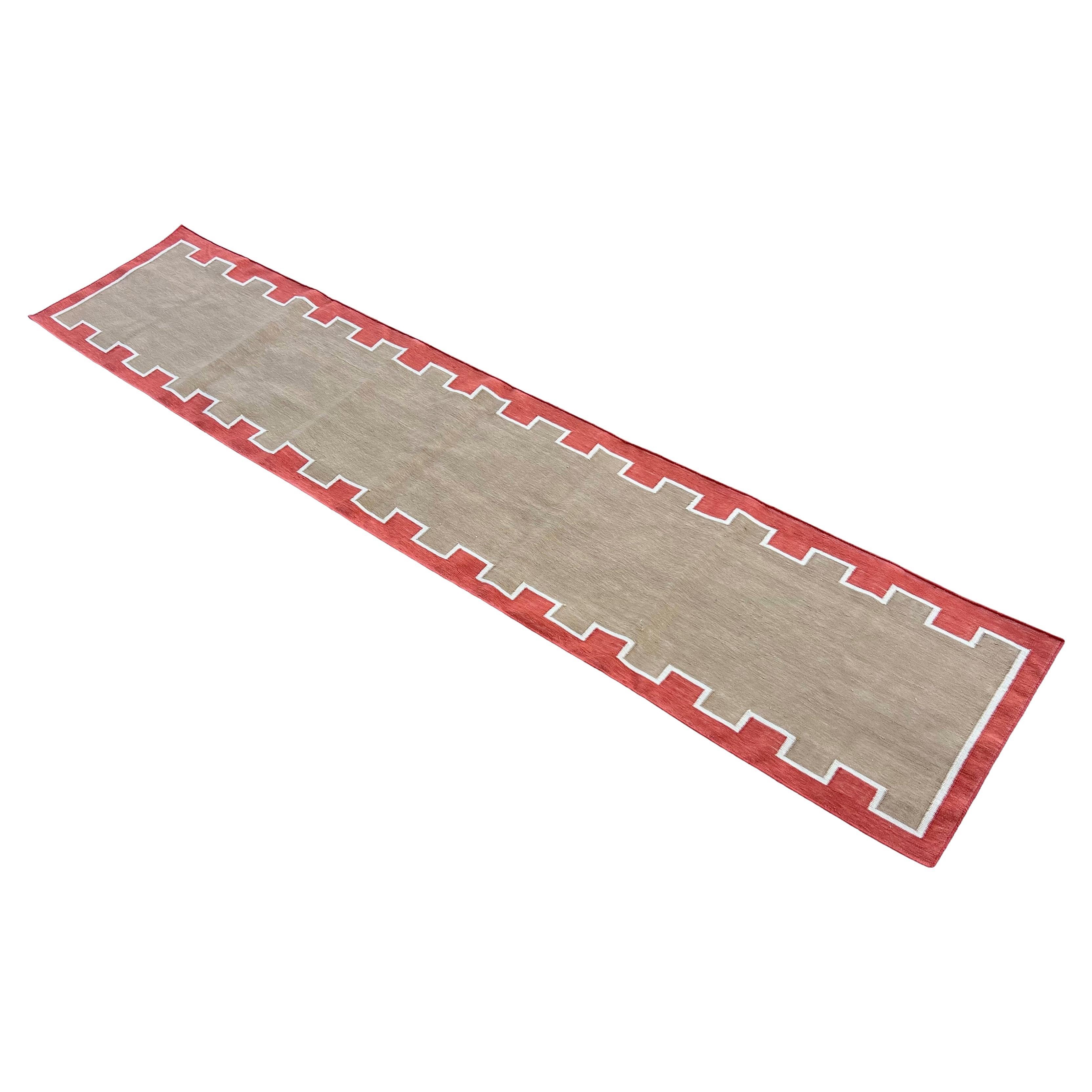 Handmade Cotton Flat Weave Runner, 2x10 Beige, Cream, Red Striped Indian Dhurrie For Sale
