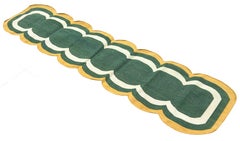 Handgefertigter Baumwollflachgewebe-Läufer, 2x10 Grün und Senf Muschel Indischer Dhurrie