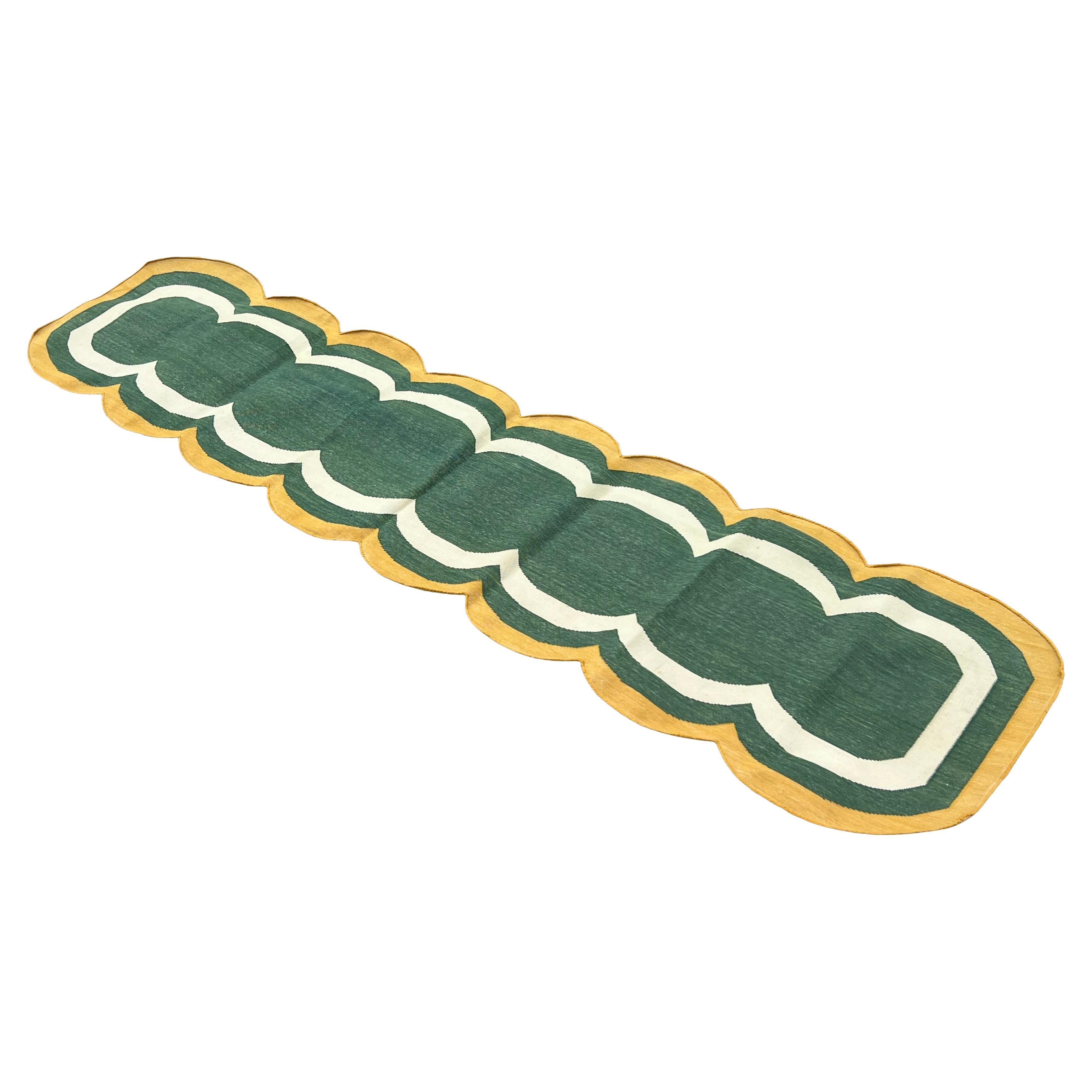 Handmade Cotton Flat Weave Runner, 2x8 Green And Mustard Scallop Indian Dhurrie For Sale