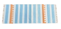 Handmade Cotton Flat Weave Runner, 2x5.5 Feet Blue And Tan Indian Striped Runner
