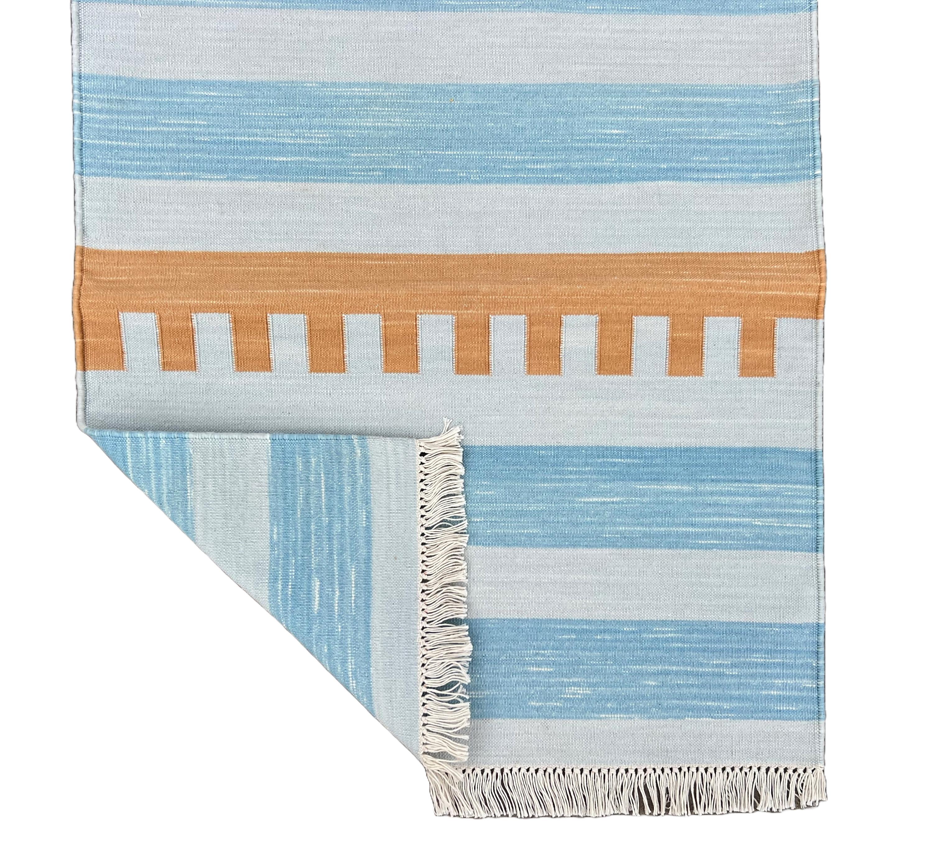 Mid-Century Modern Handmade Cotton Flat Weave Runner, 2x5.5 Feet Blue And Tan Indian Striped Runner For Sale