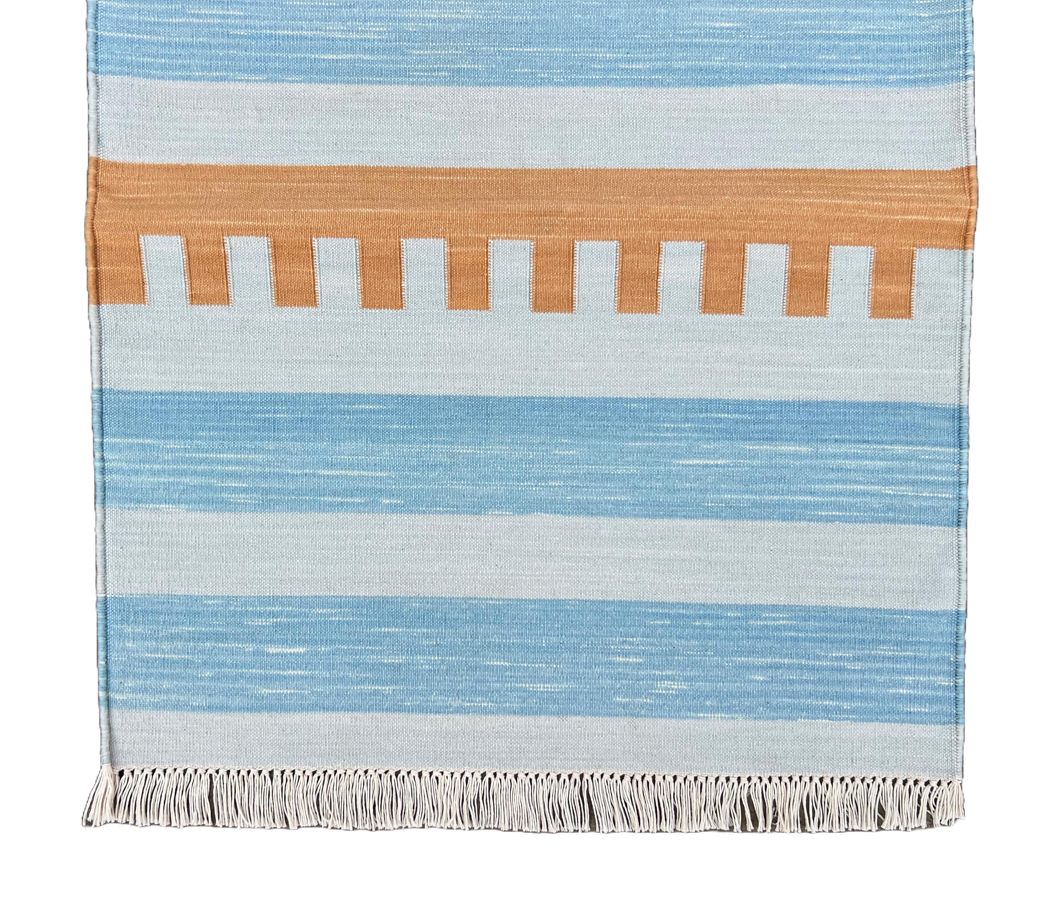 Hand-Woven Handmade Cotton Flat Weave Runner, 2x5.5 Feet Blue And Tan Indian Striped Runner For Sale