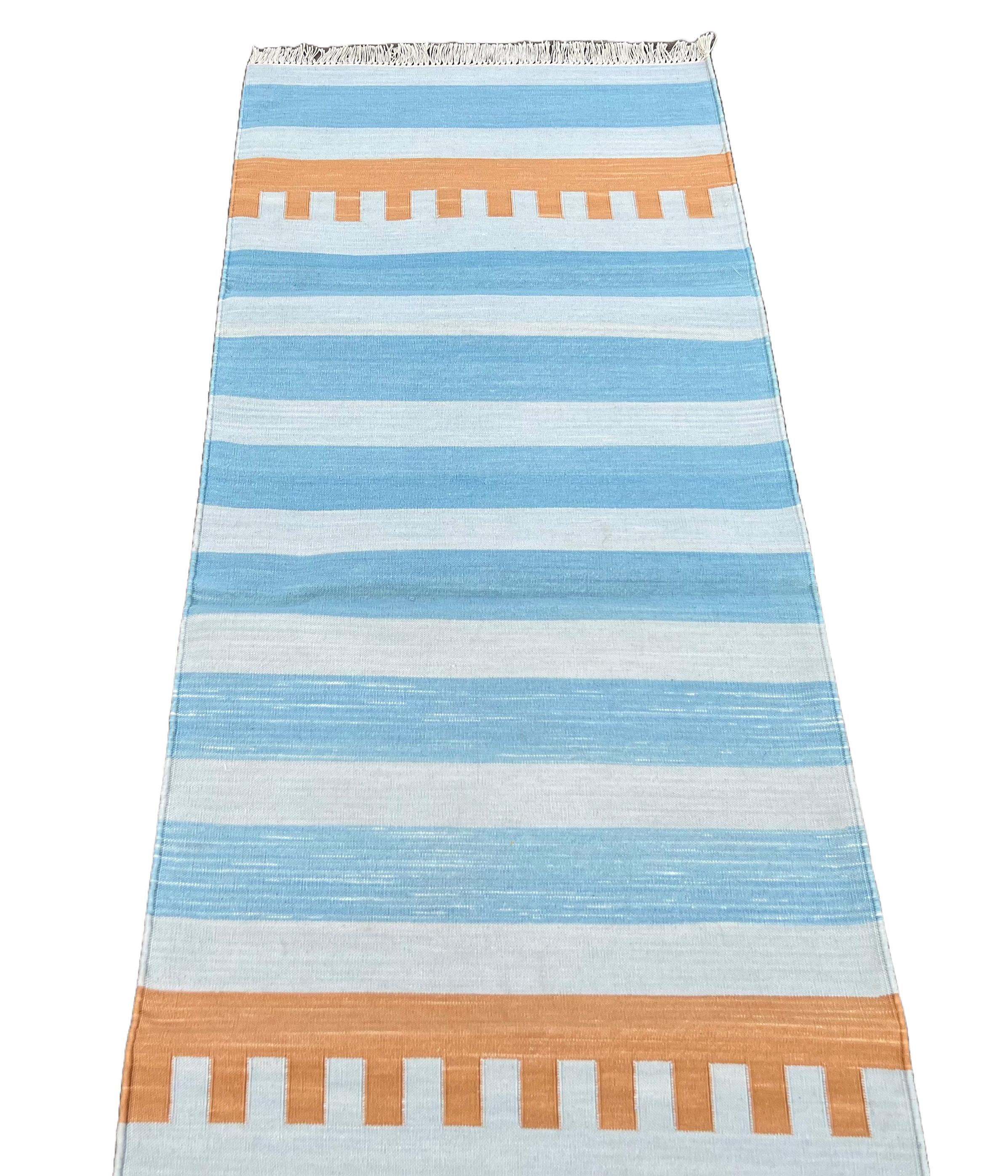 Handmade Cotton Flat Weave Runner, 2x5.5 Feet Blue And Tan Indian Striped Runner In New Condition For Sale In Jaipur, IN