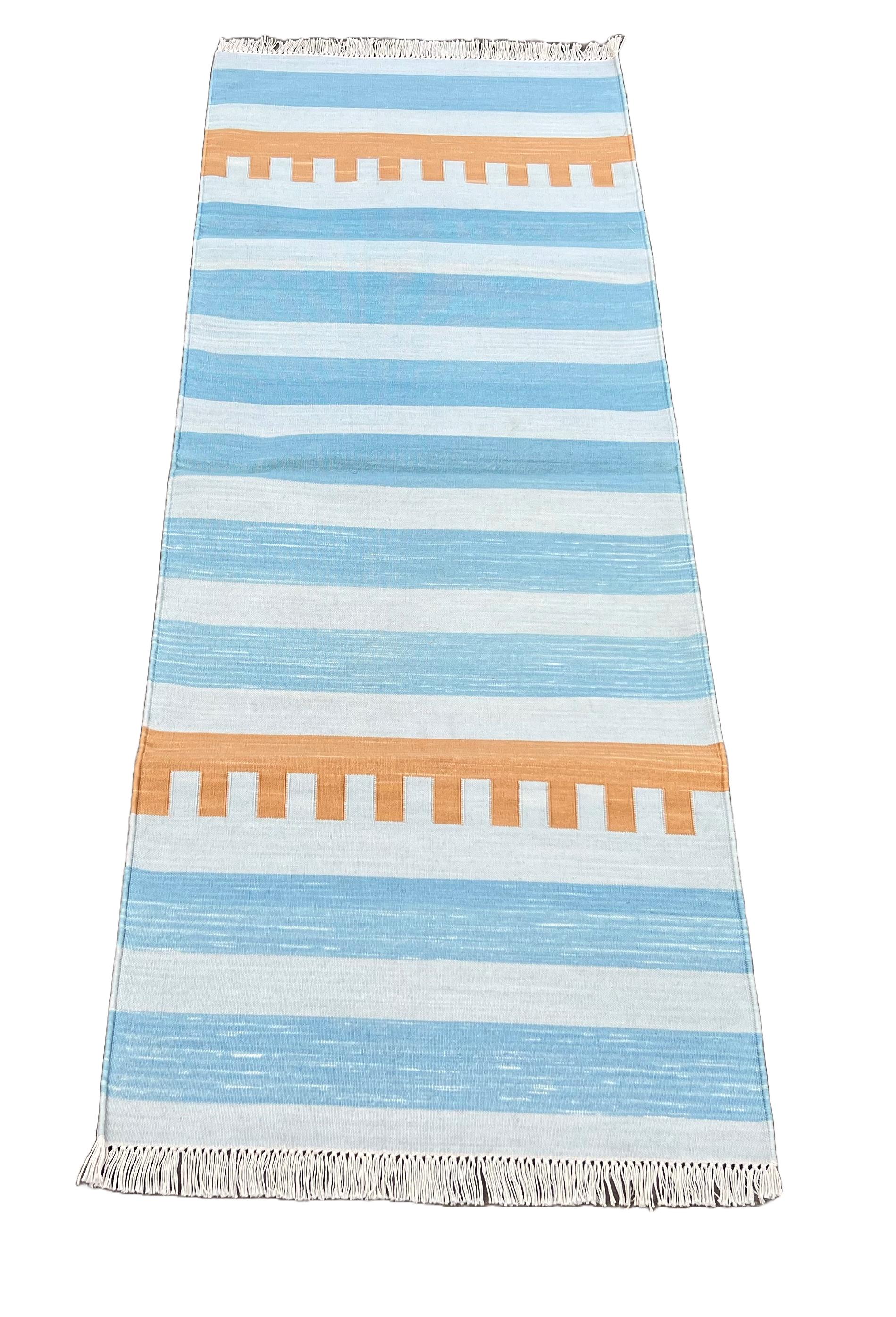 Contemporary Handmade Cotton Flat Weave Runner, 2x5.5 Feet Blue And Tan Indian Striped Runner For Sale