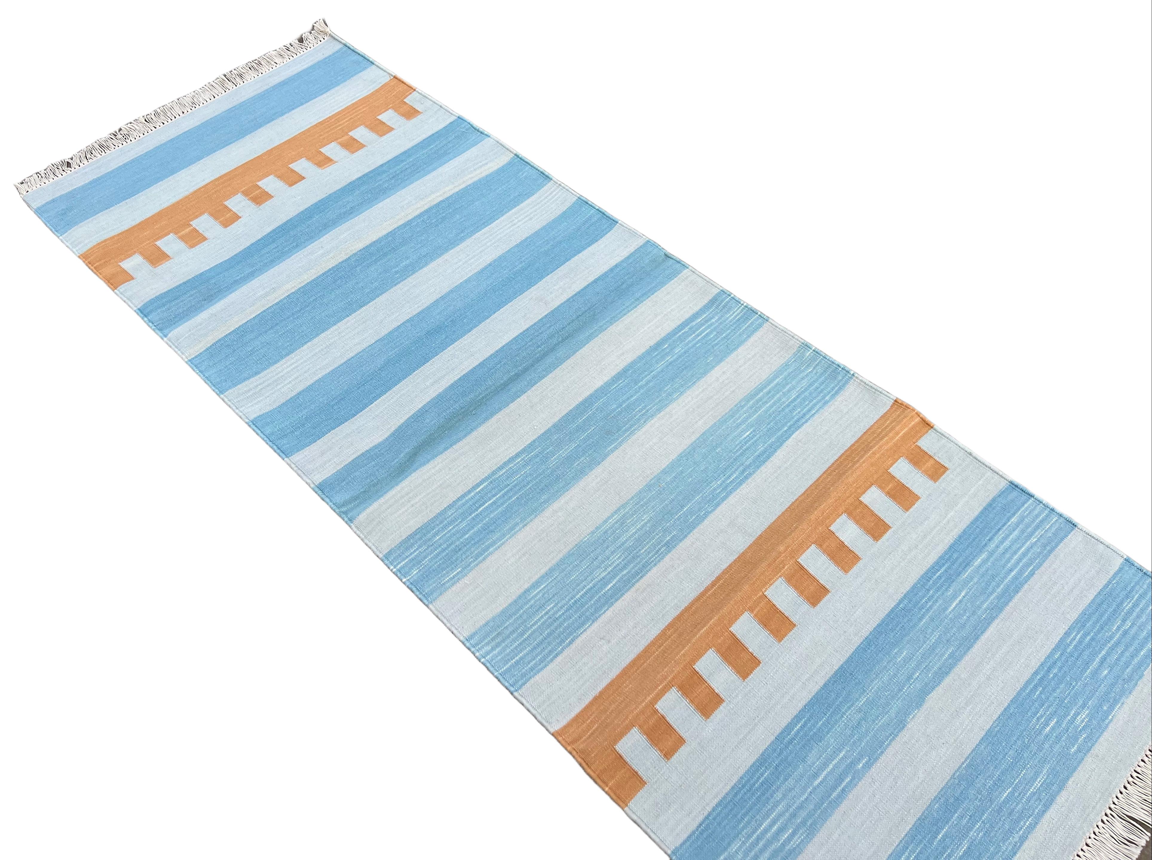 Handmade Cotton Flat Weave Runner, 2x5.5 Feet Blue And Tan Indian Striped Runner For Sale 1
