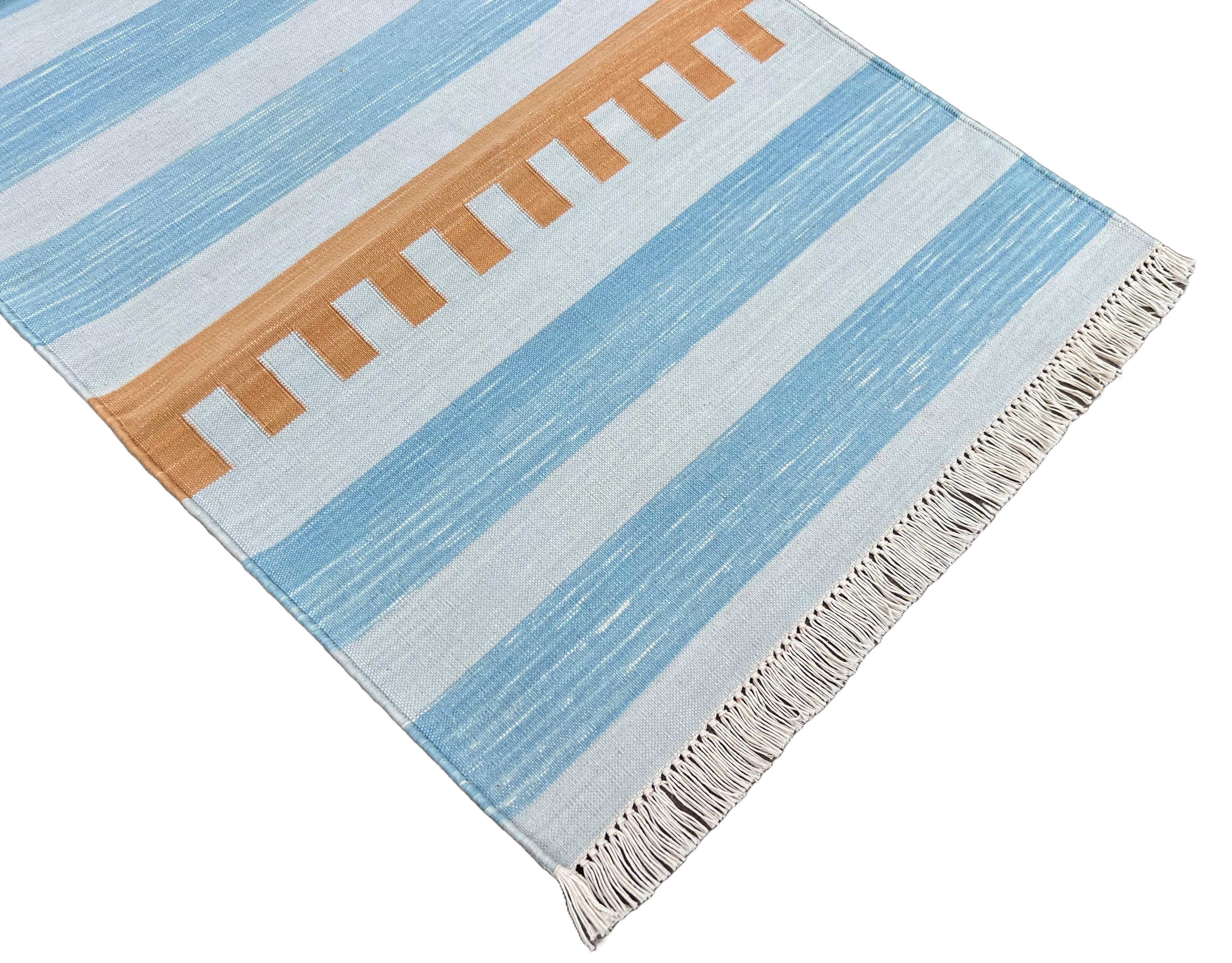 Handmade Cotton Flat Weave Runner, 2x5.5 Feet Blue And Tan Indian Striped Runner For Sale 2