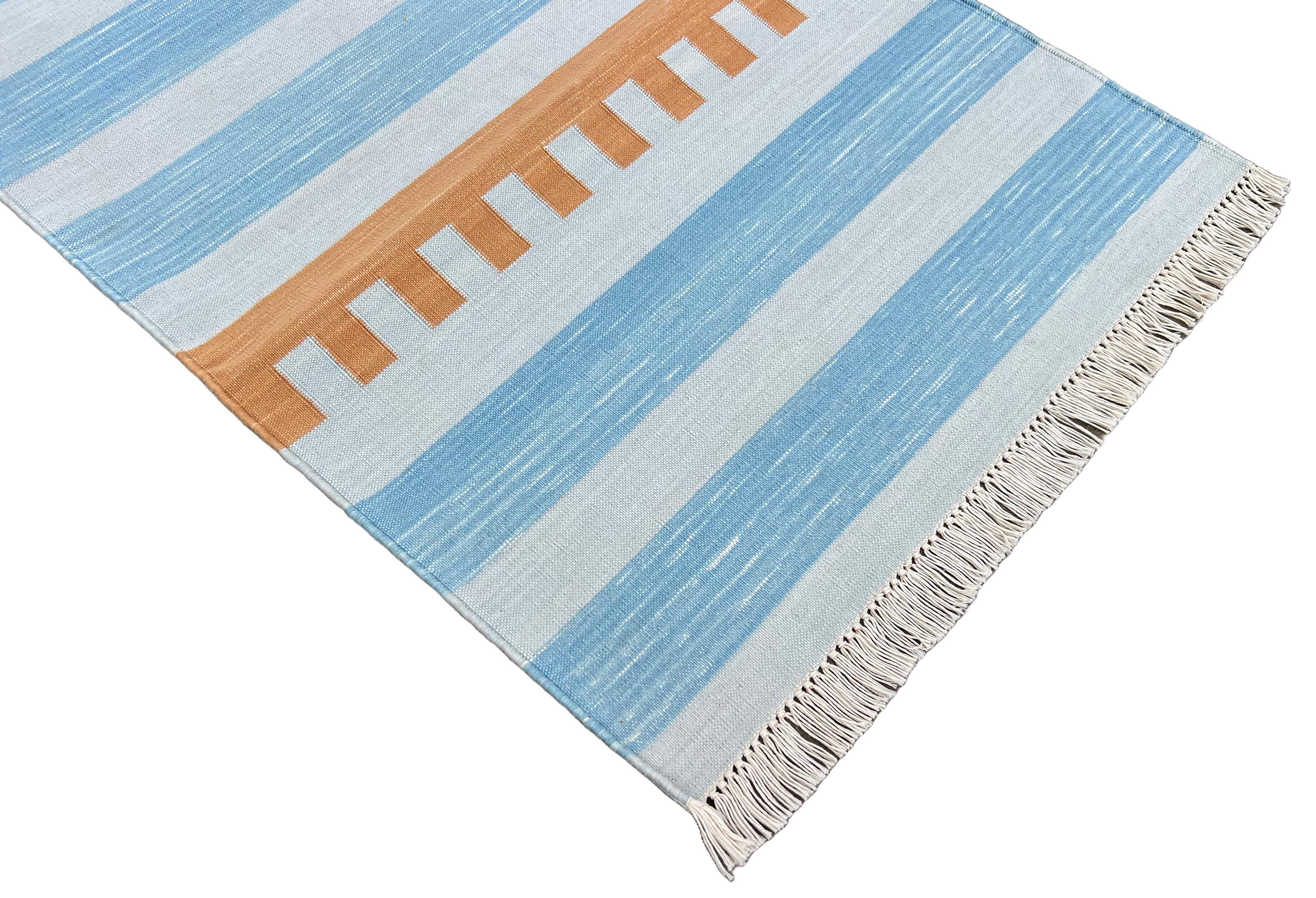 Handmade Cotton Flat Weave Runner, 2x5.5 Feet Blue And Tan Indian Striped Runner For Sale 3
