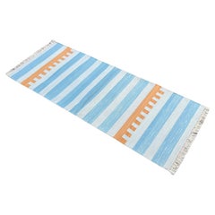 Runner fatto a mano in cotone a trama piatta, 2x5,5 piedi a strisce indiane blu e tan