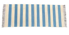 Handmade Cotton Flat Weave Runner, 2x5.5 Feet Blue, Cream Indian Striped Runner
