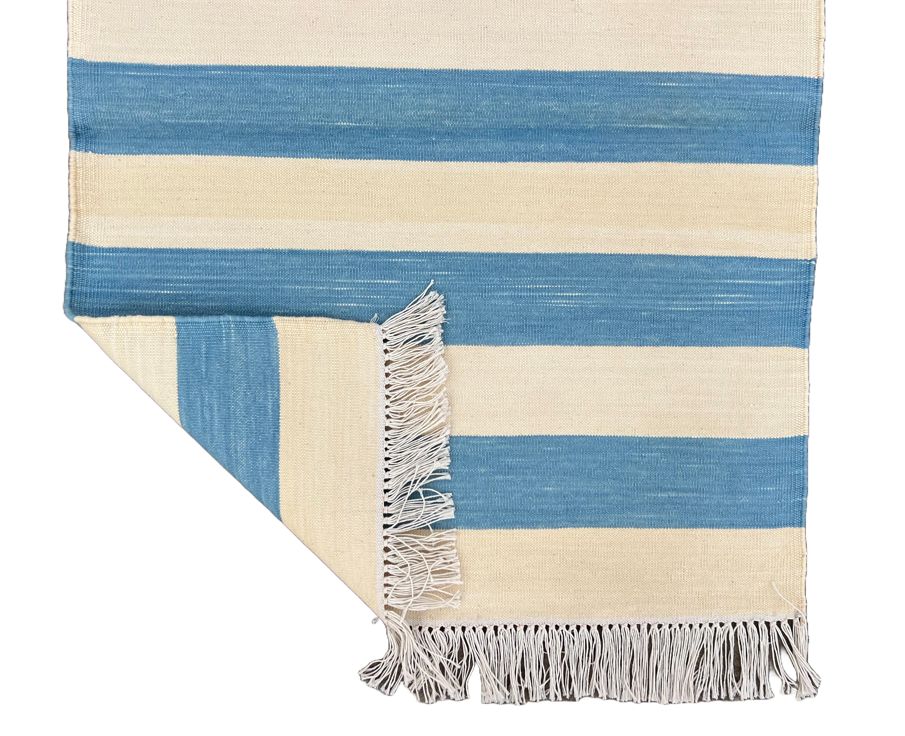 Mid-Century Modern Handmade Cotton Flat Weave Runner, 2x5.5 Feet Blue, Cream Indian Striped Runner For Sale