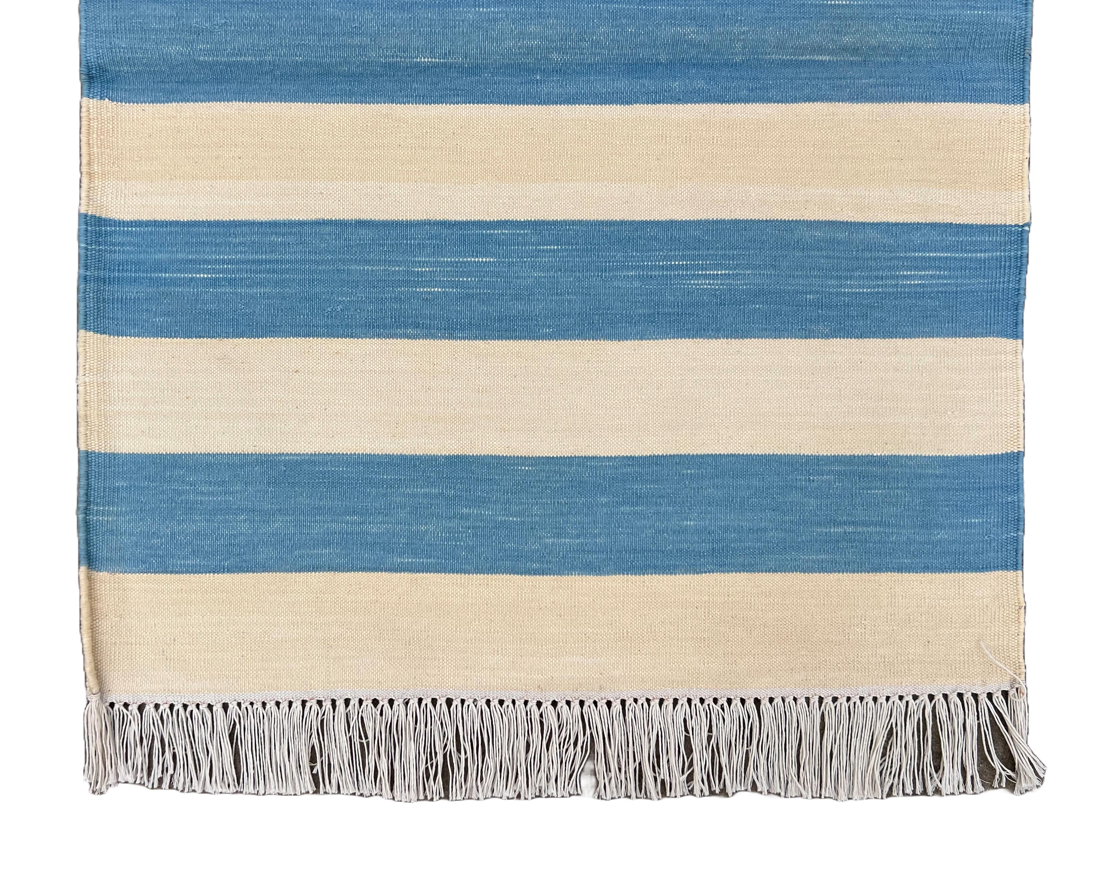 Hand-Woven Handmade Cotton Flat Weave Runner, 2x5.5 Feet Blue, Cream Indian Striped Runner For Sale