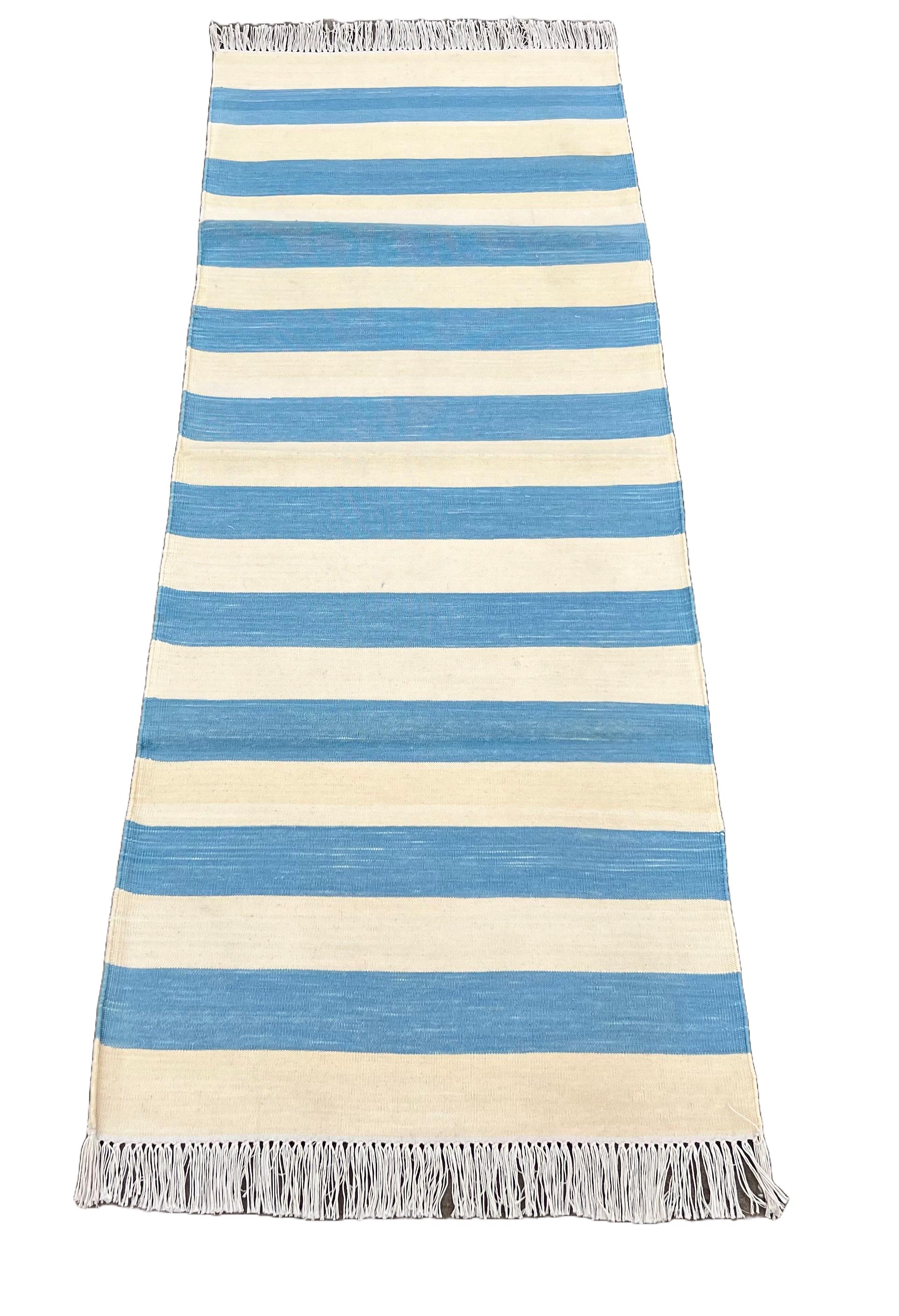 Contemporary Handmade Cotton Flat Weave Runner, 2x5.5 Feet Blue, Cream Indian Striped Runner For Sale
