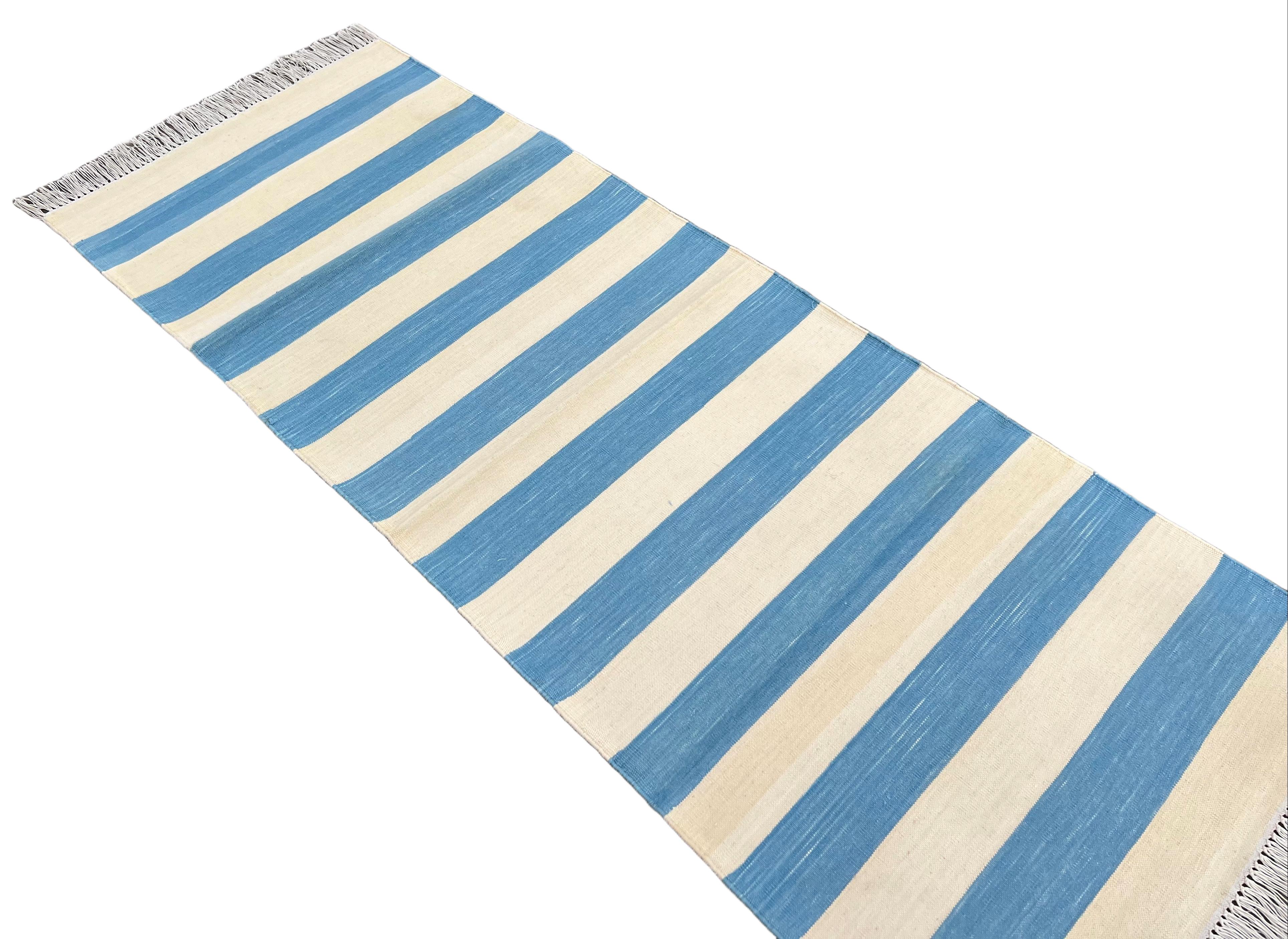 Handmade Cotton Flat Weave Runner, 2x5.5 Feet Blue, Cream Indian Striped Runner For Sale 1
