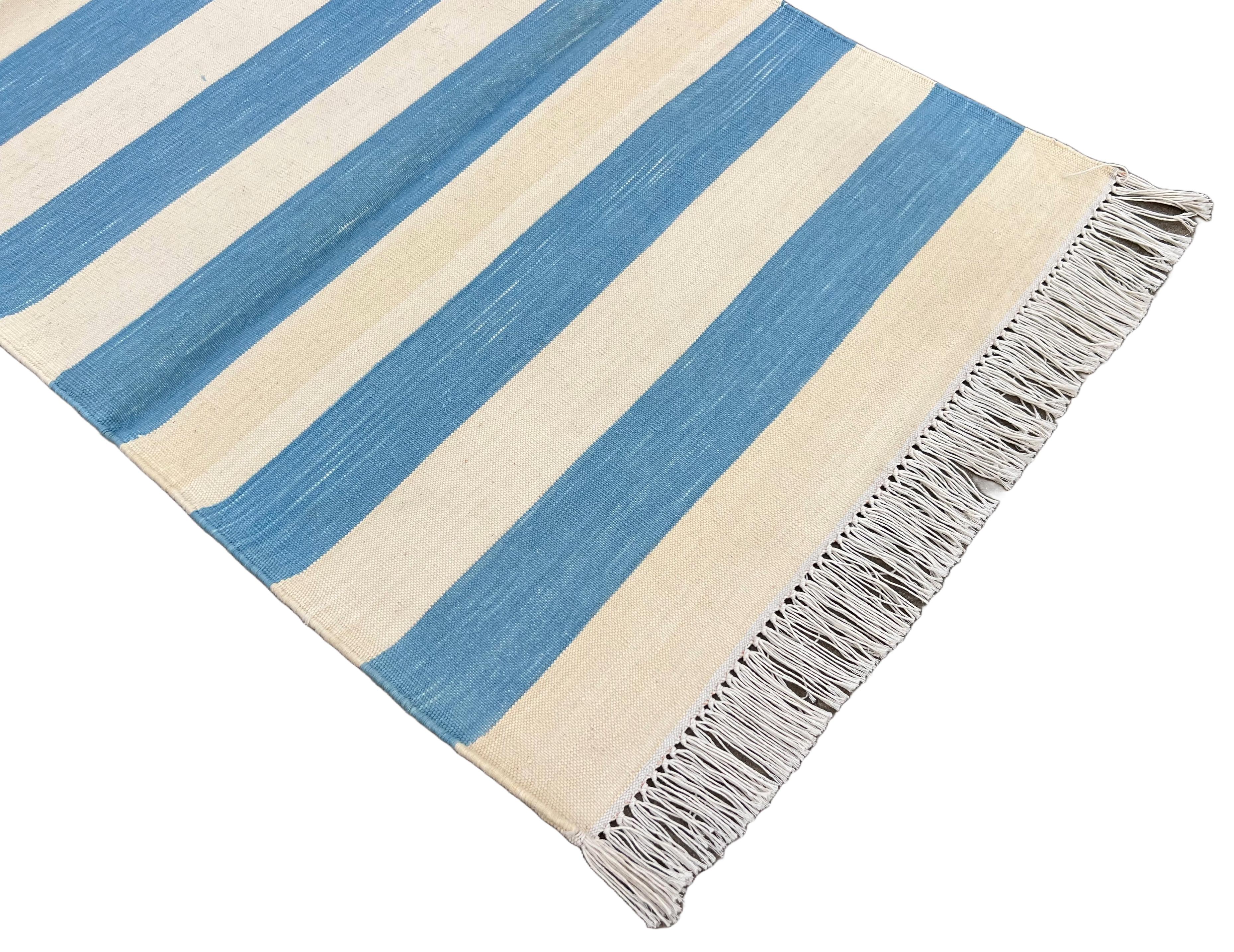 Handmade Cotton Flat Weave Runner, 2x5.5 Feet Blue, Cream Indian Striped Runner For Sale 2