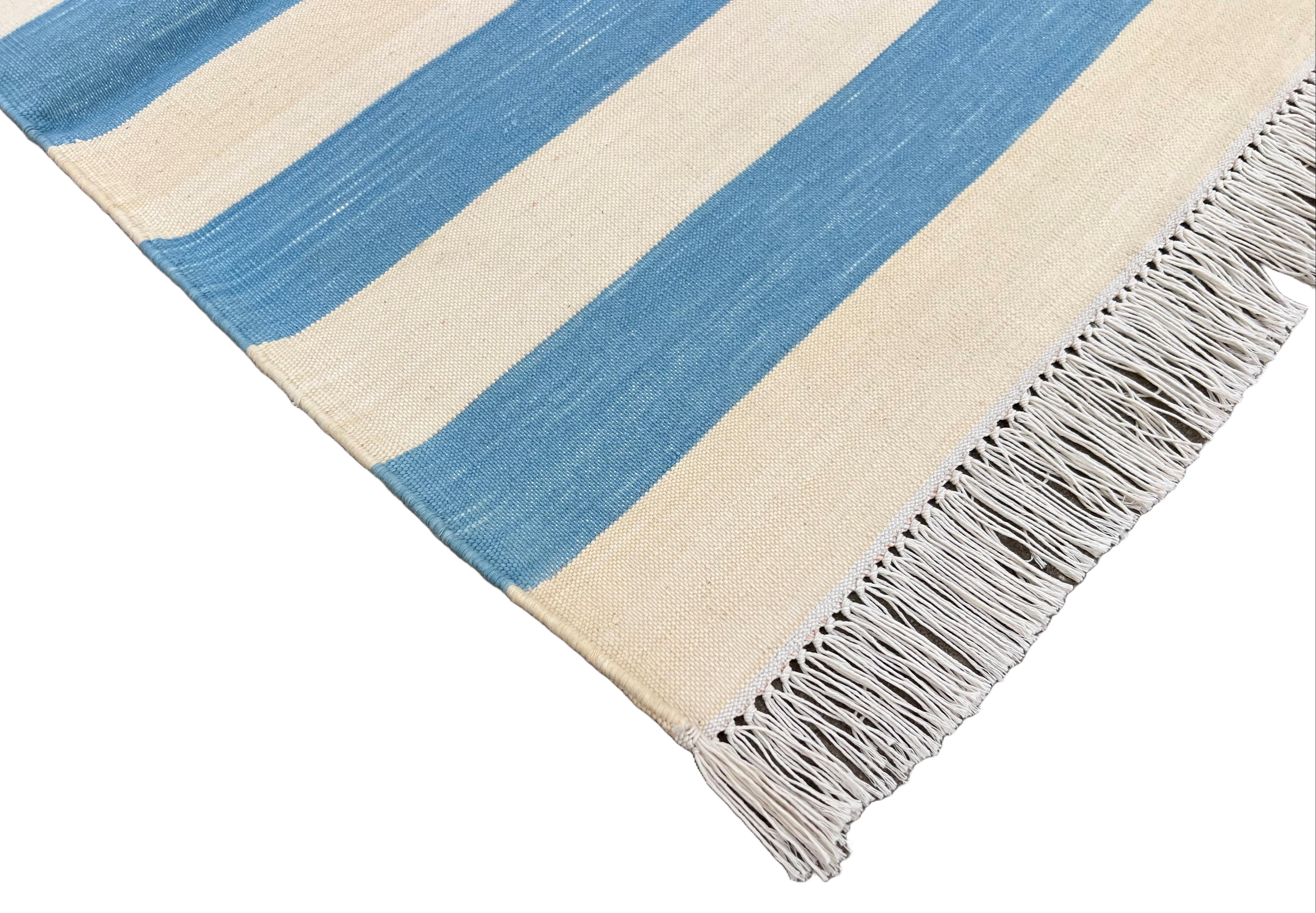 Handmade Cotton Flat Weave Runner, 2x5.5 Feet Blue, Cream Indian Striped Runner For Sale 3