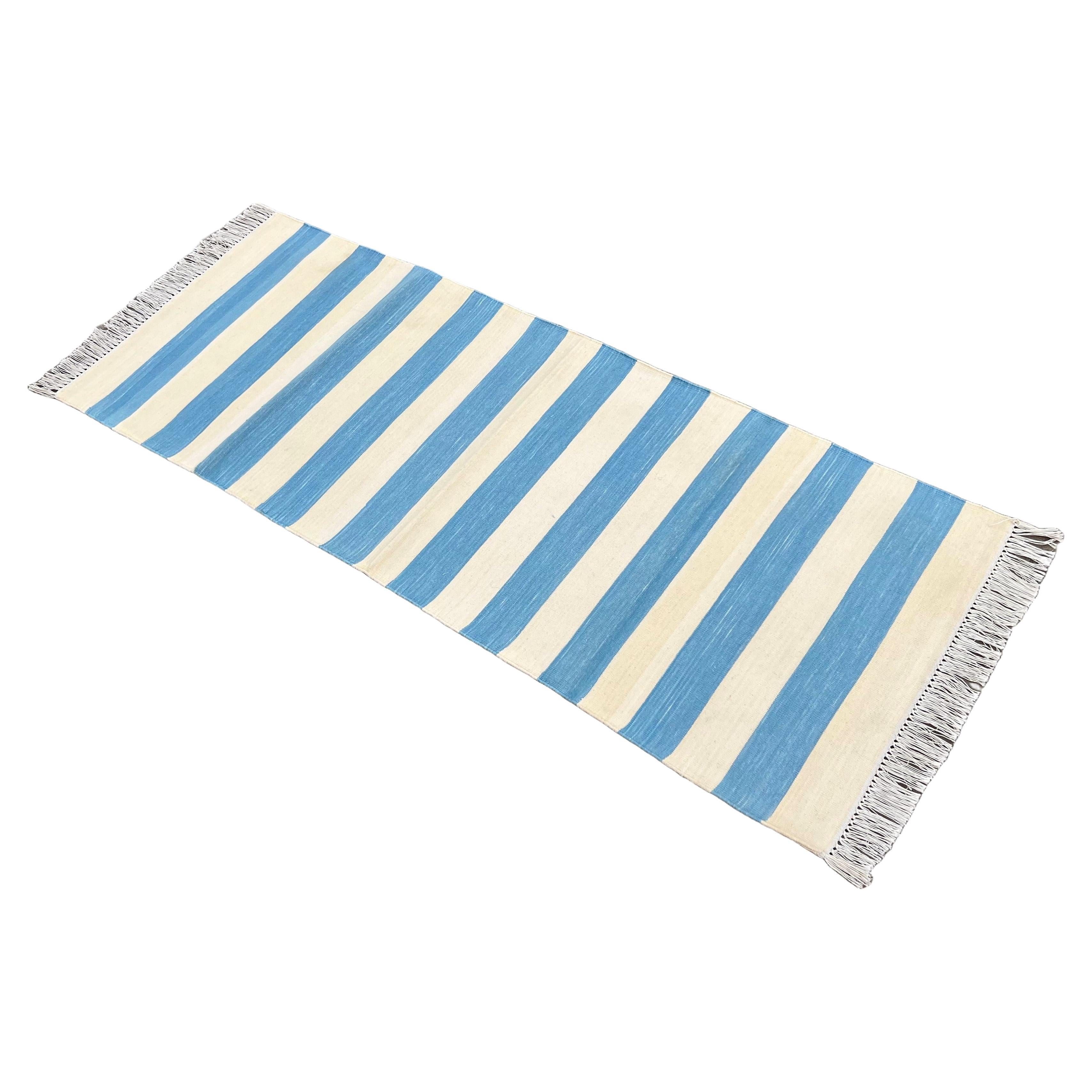 Handmade Cotton Flat Weave Runner, 2x5.5 Feet Blue, Cream Indian Striped Runner