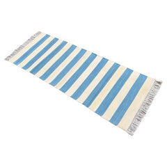 Handmade Cotton Flat Weave Runner, 2x5.5 Feet Blue, Cream Indian Striped Runner